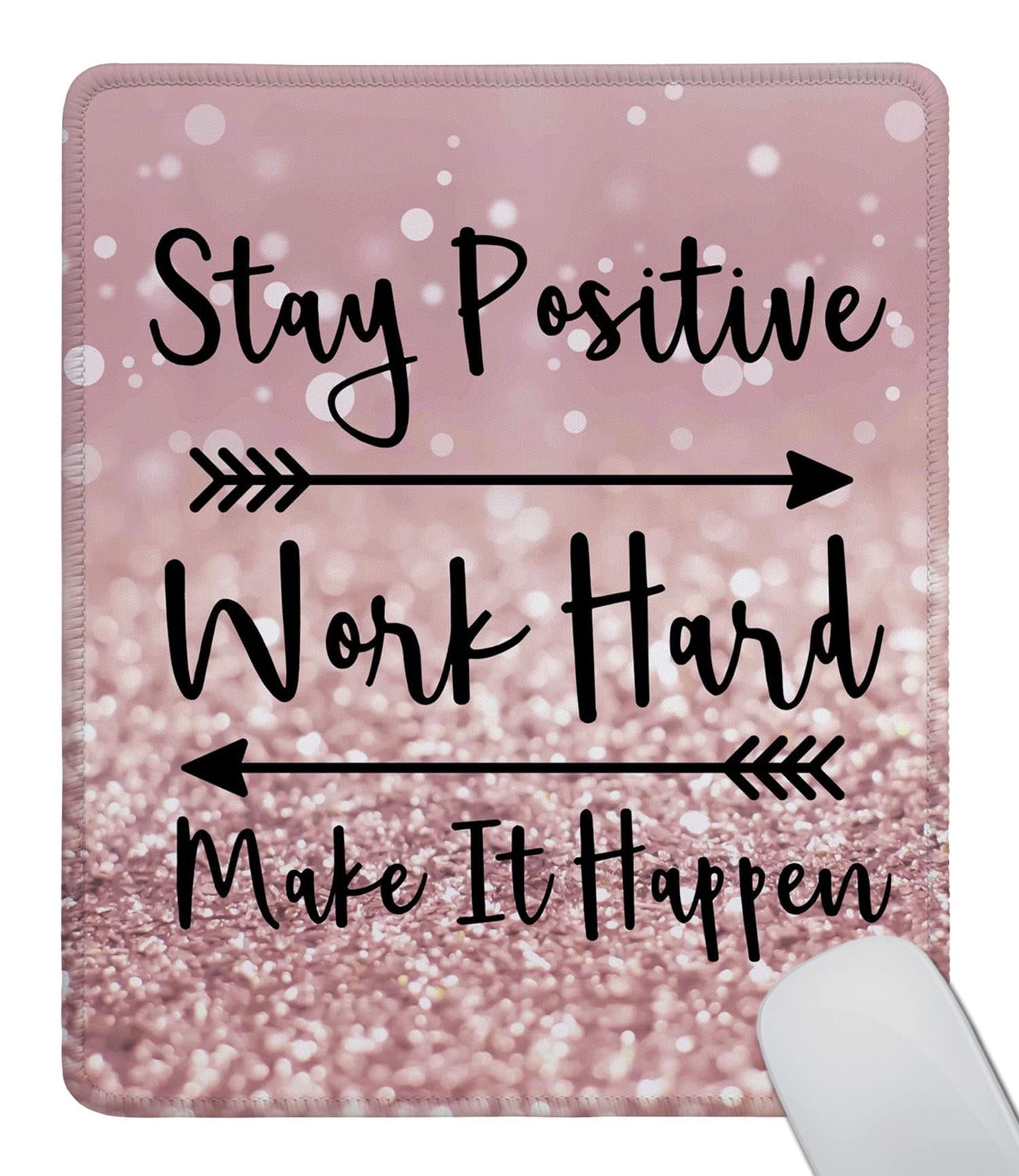 Motivational Mouse Pad for Women - Inspirational Quote 'Stay Positive Work Hard Make It Happen' - Non-Slip Rubber Base & Stitched Edge Square Mousepad for Office, Laptop, Home Desk - Perfect for Work from Home, Study, and Productivity