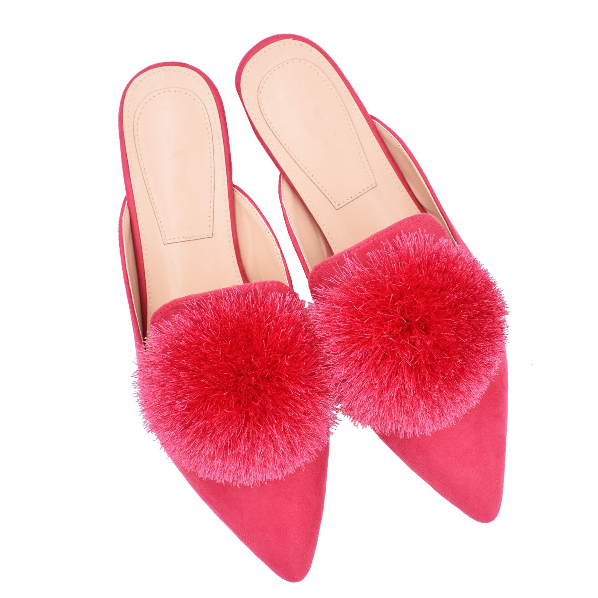 Fericzot Women's Slip On Mule Loafers - Backless Pointed Toe Flats with Puff Pompom - Comfortable Casual Shoes & House Slippers for Women - Perfect for Home, Office, and Everyday Wear