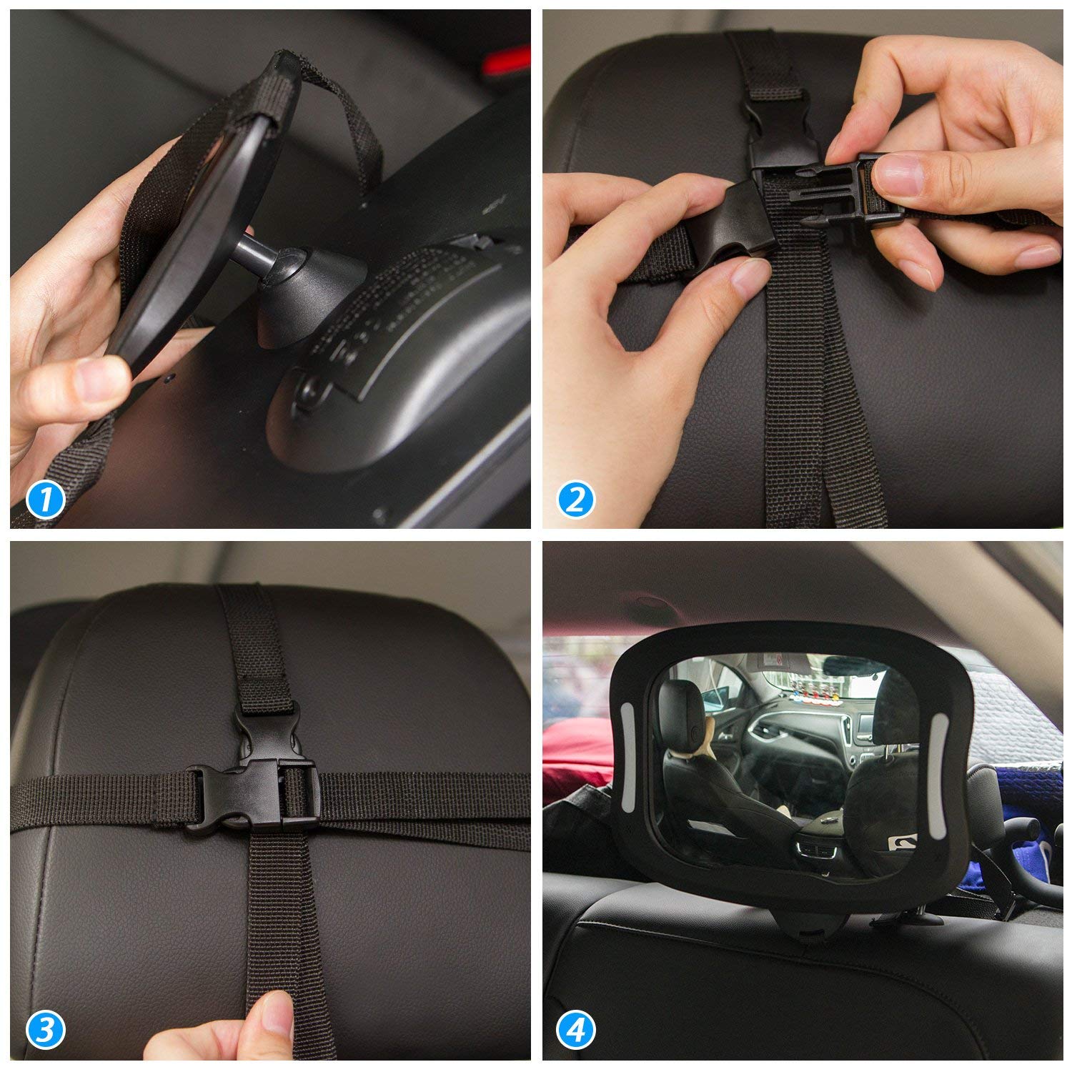 FITNATE LED Baby Car Mirror - 360° Adjustable Rear-Facing Infant Safety Mirror with Remote Control, 4 Sturdy Straps & 2 Sun Visors for Newborns | Backseat Monitoring Solution for Parents on the Go