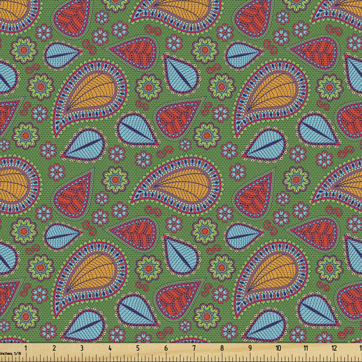 Ambesonne Ethnic Fabric by The Yard - Swirls Floral Paisley Design Fern Green Upholstery Fabric for Sofa, Curtains & Home Decor | 1 Yard Orange Blue Red | Perfect for DIY Projects, Pillow Covers & Wall Hangings