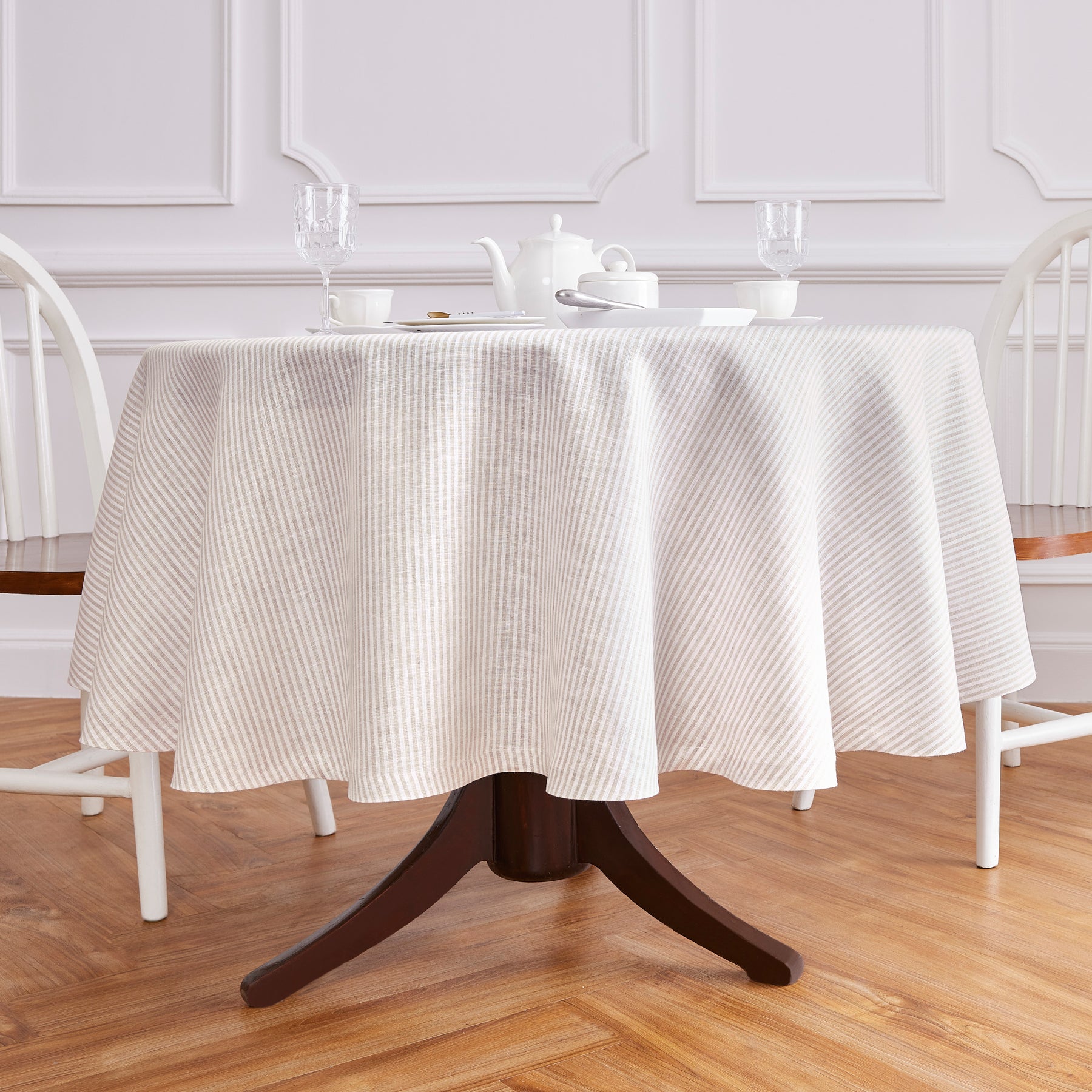 Elegant Narrow Stripe Round Tablecloth - 60 Inch Washable Polyester Table Cover for Dining Room, Kitchen, Party & Wedding Decor