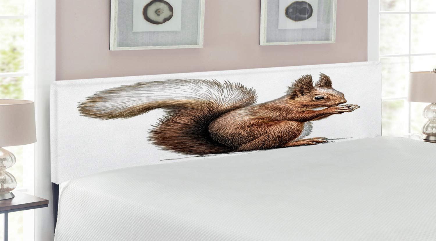 Ambesonne Squirrel Headboard - Engraved Wildlife Sketch Art Upholstered Metal Bed Frame with Memory Foam | King Size Dark Brown & Pale Brown | Perfect for Nature-Themed Bedrooms & Wildlife Decor