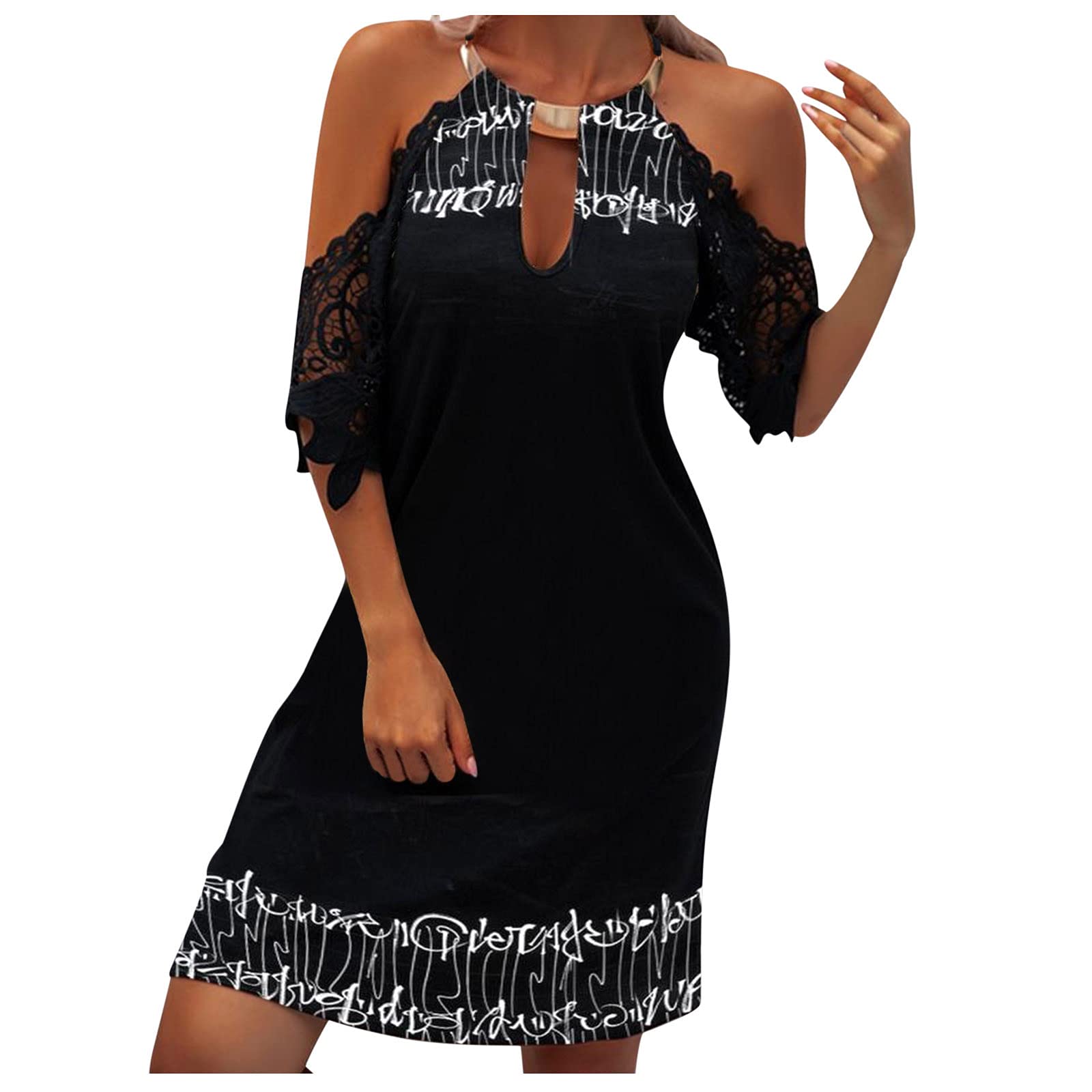 ONHUON Women's Summer Halter Neck Lace Sleeve Mini Dress - Casual Beach Party Outfit for Vacations, Date Nights & Outdoor Events