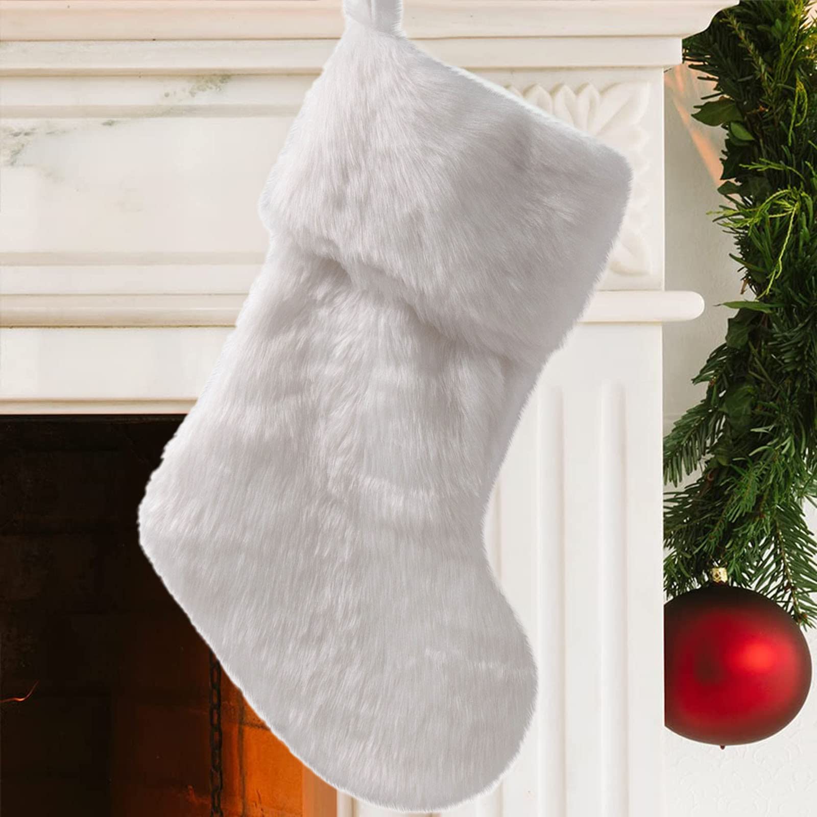 17 Inch White Faux Fur Christmas Stockings - Snowy Holiday Hanging Decor for Fireplace, Tree & Home - Candy Gift Bags for Xmas Decorations (Pure White) | Perfect for Holiday Parties, Family Gatherings & Festive Home Decor