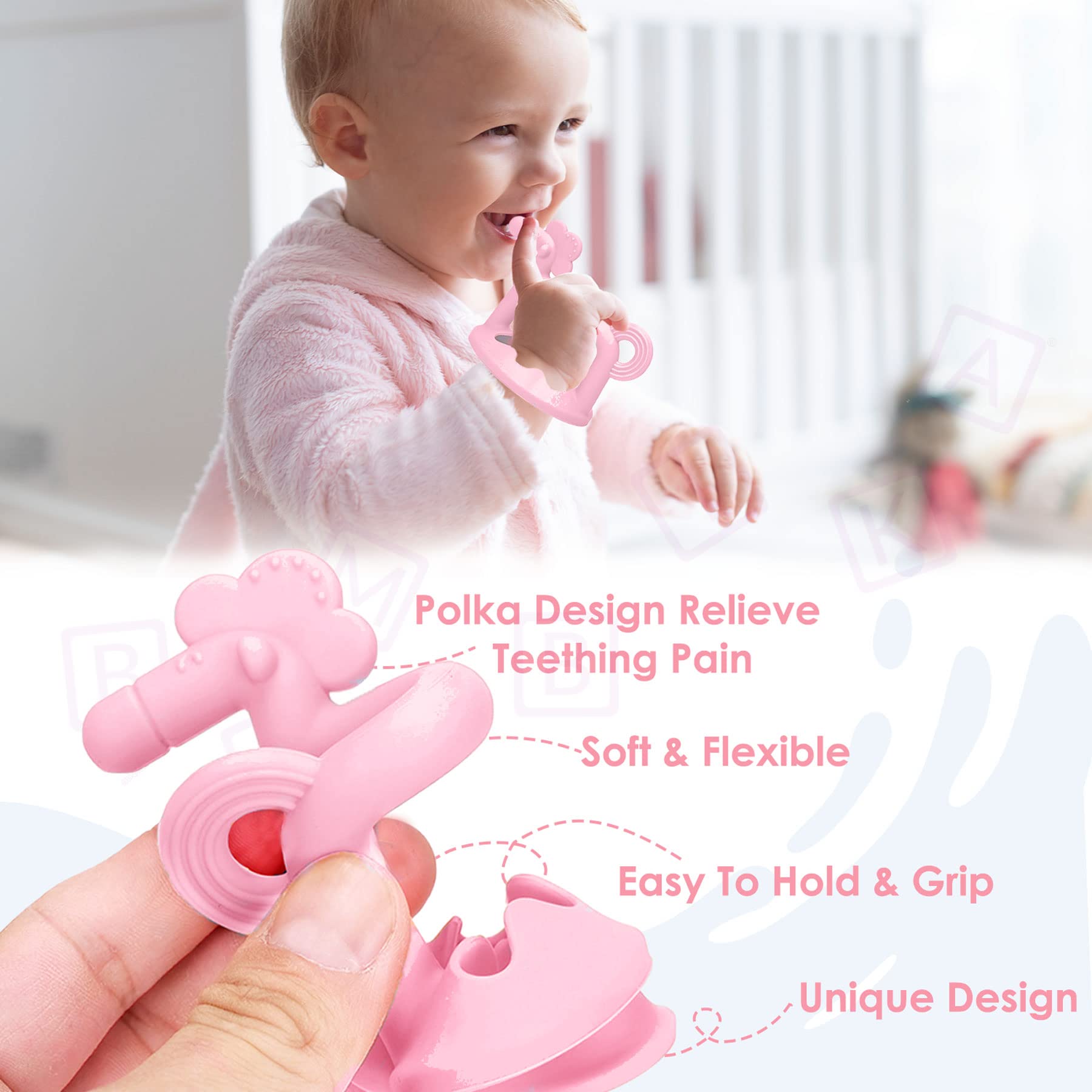 Bembika Baby Teething Toys - Silicone Pony Teether, Key Teether & Toothbrush Set for Soothing Sore Gums (Pink) - Perfect for Infants 3-12 Months During Teething Discomfort