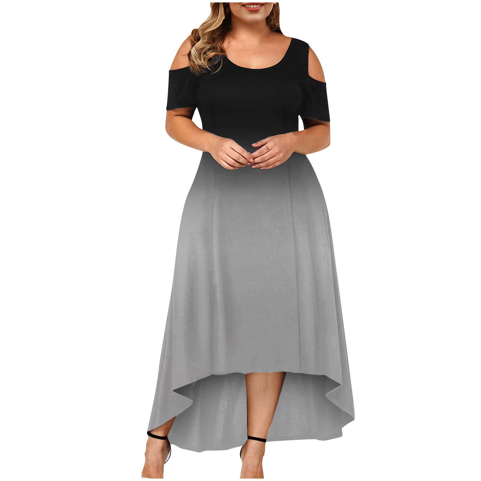 Ylioge Women's Casual Short Sleeve Off-Shoulder Summer Dress - Crewneck Gradient Sexy Plus Size Flowy Dress for Beach, Party & Date Night