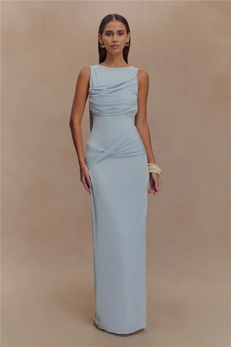 Sexy Backless Ruched Maxi Tank Dress for Women - Elegant O Neck Thigh High Split Bodycon Long Gown | Perfect for Summer Parties, Date Nights & Beach Vacations