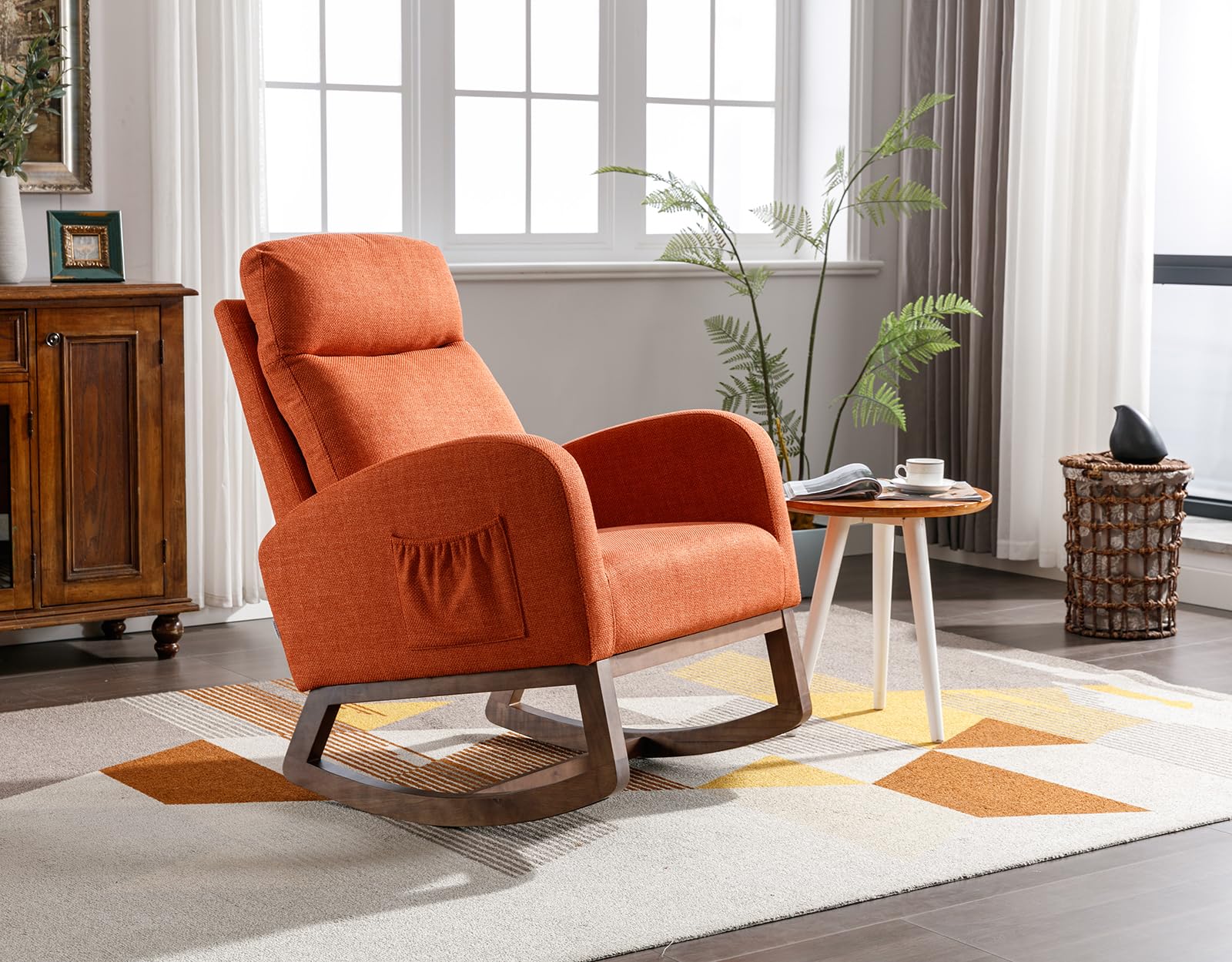 Comfortable Upholstered Nursery Rocking Chair with Side Pocket - High Back Support Glider Rocker, Solid Wood Base Accent Armchair for Living Room, Bedroom & Office - Perfect for Nursing, Reading & Relaxing (Orange)