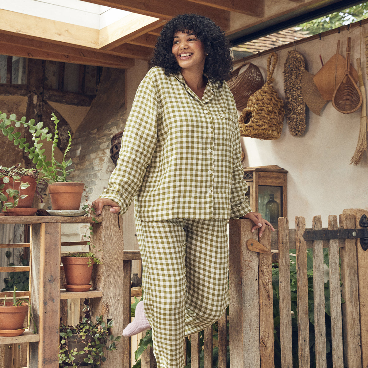 Botanical Green Gingham Linen Pajama Pants for Women - Soft & Breathable Sleepwear - Perfect for Lounging, Yoga & Relaxation at Home