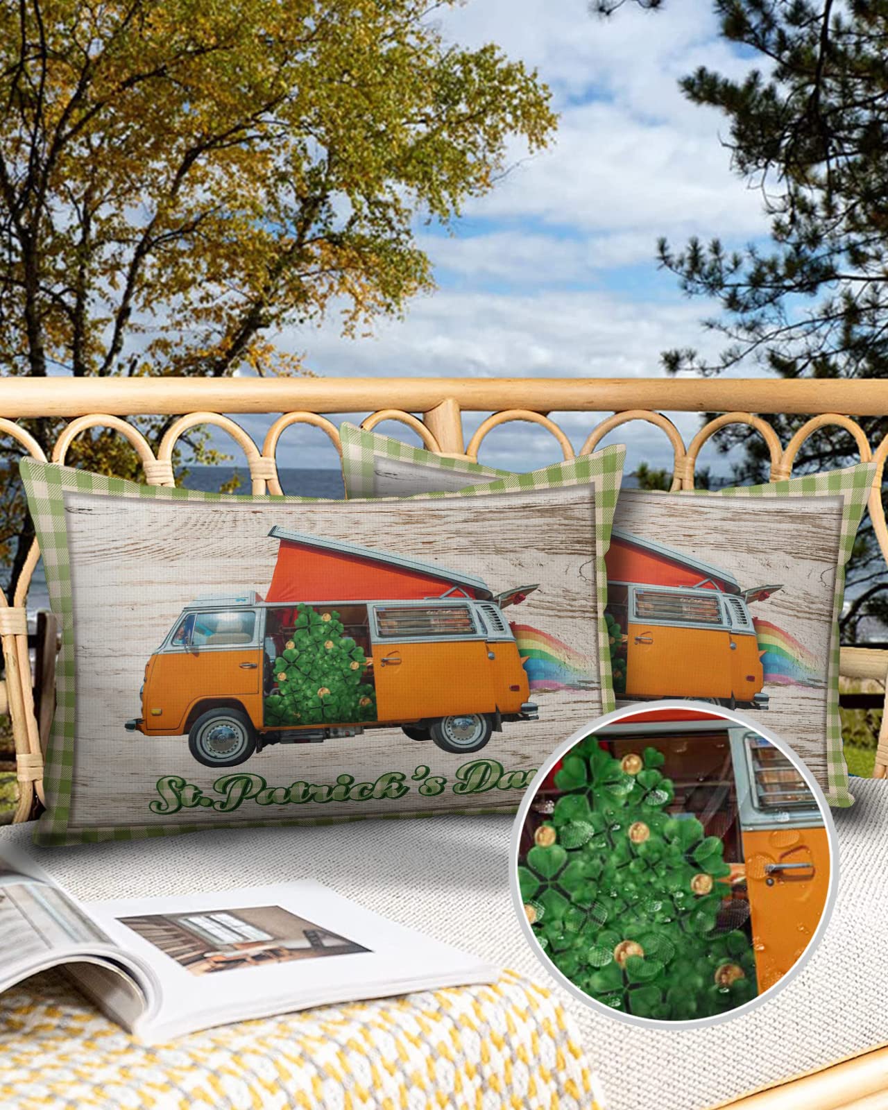St. Patrick's Day Camper Throw Pillow Covers Set of 2 - 20x12 Inch Waterproof Outdoor Shamrock Pillow Cases for Sofa, Couch, Tent & Patio - Soft Decorative Garden Cushion Covers Perfect for Camping, Picnics & Home Decor