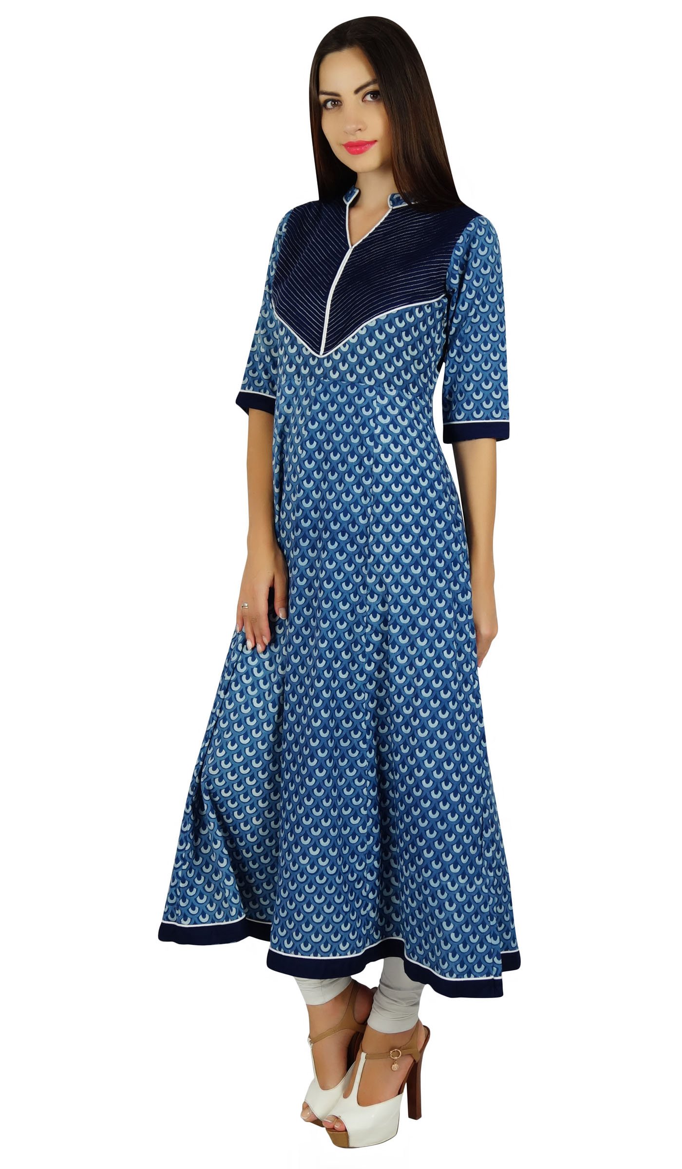 Bimba Women's Ethnic Printed Blue Anarkali Kurta - Handmade Block Print Designer Kurti for Casual Wear | Perfect for Festivals, Parties & Cultural Events