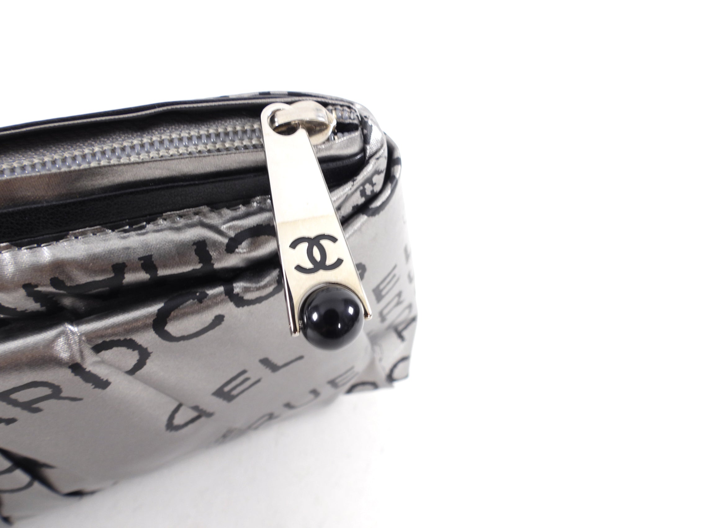 Chanel Pewter Metallic Logo Zip Pouch - Luxury Designer Cosmetic Bag for Women | Perfect for Makeup, Travel & Everyday Essentials