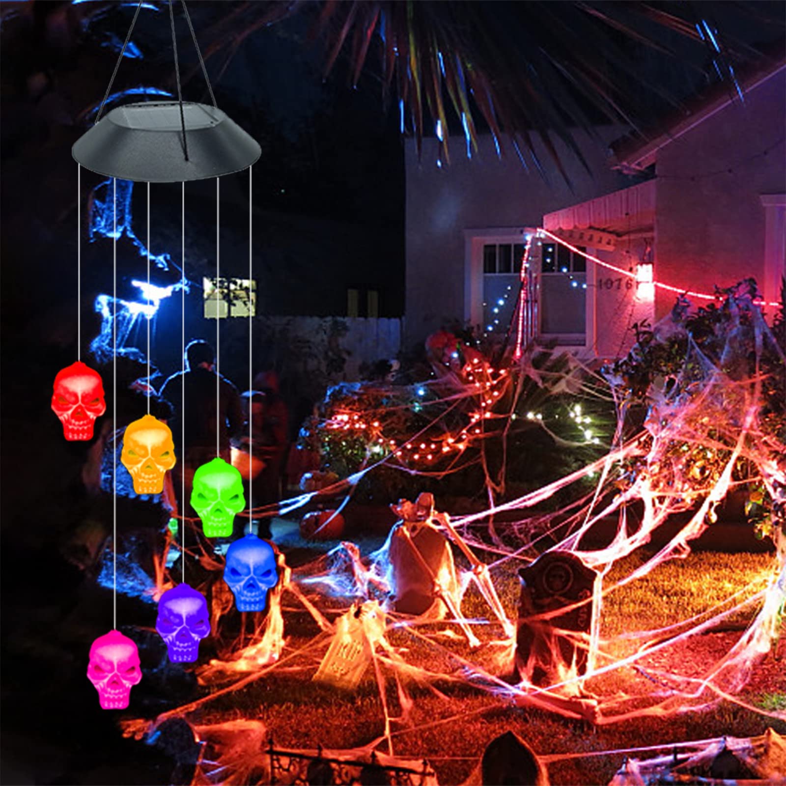 Halloween White Skull Colorful Solar Wind Chimes with Lights - Outdoor Halloween Decorations, Garden Wind Bells & Solar Powered Hanging Ornaments for Patio, Yard, and Porch Decor | Perfect for Spooky Seasonal Displays and Festive Nighttime Ambiance