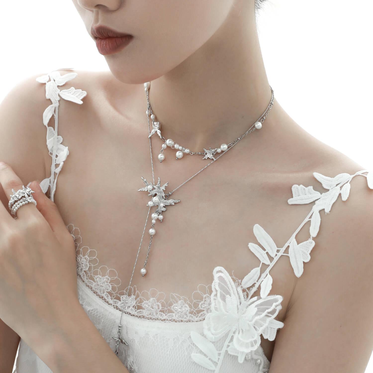 Whiterfly 18K Gold Plated Butterfly Tassel Pearl Necklace for Women - Elegant Layered Pearl Chain Jewelry Gift for Birthday, Anniversary & Special Occasions