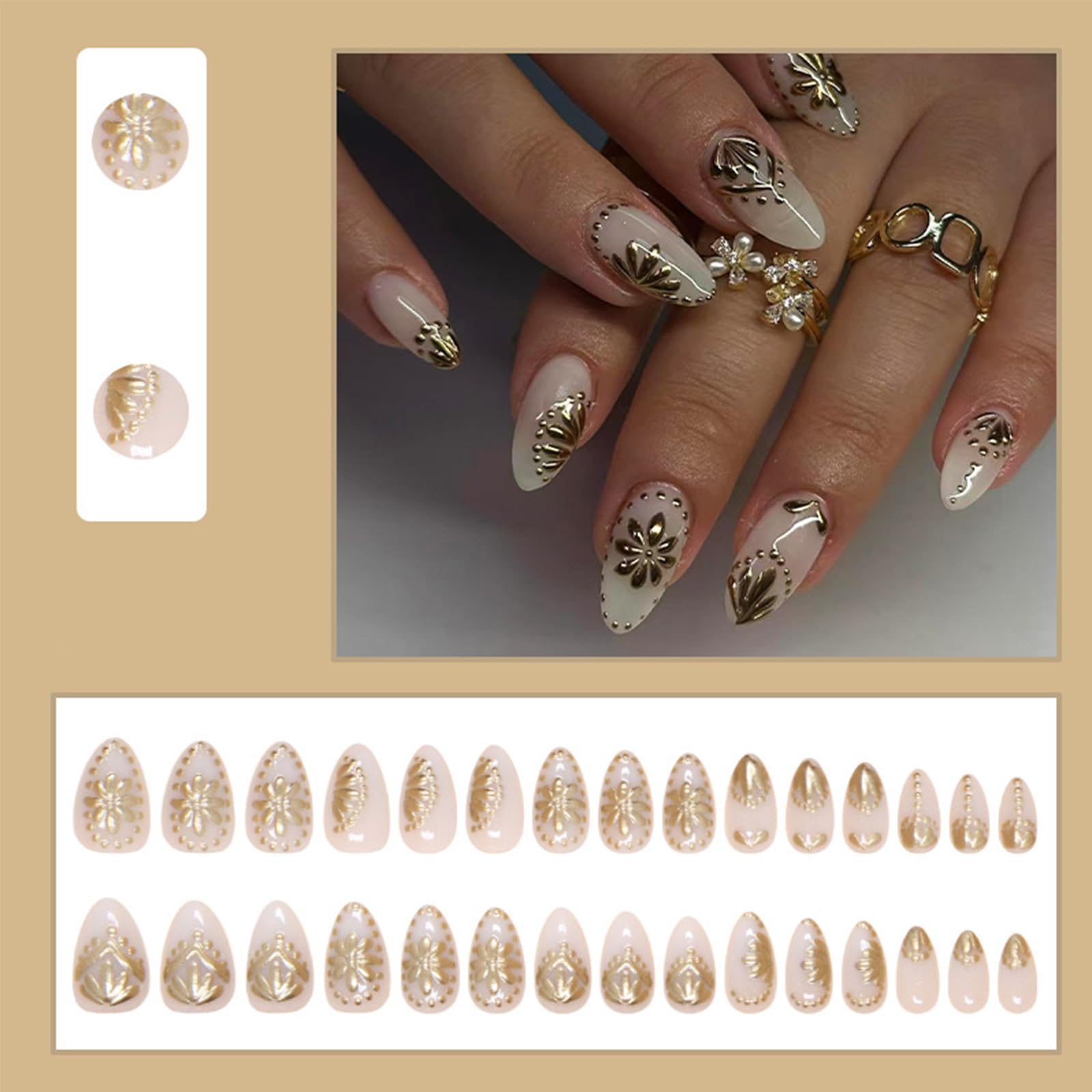 30Pcs Short Medium Almond Fake Nails - Gold Chrome Plating Floral Acrylic Press on Nails with 3D Carving French Tips - Full Cover Glossy Stick on Nails for Women & Girls - Perfect for Parties, Weddings, Date Nights and Special Occasions
