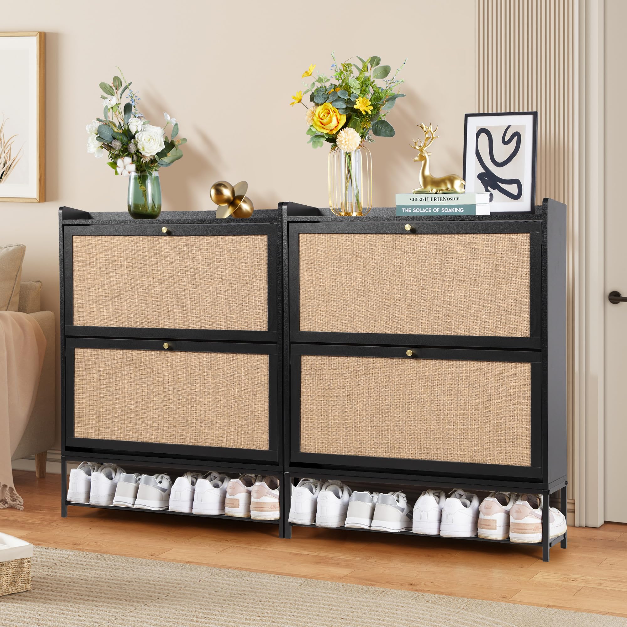 LEVNARY Wooden Shoe Storage Cabinet with 2 Flip Drawers - Narrow Freestanding Shoe Rack Organizer with Metal Legs for Entryway, Hallway & Closet - Perfect for Small Spaces & Shoe Organization (Black)