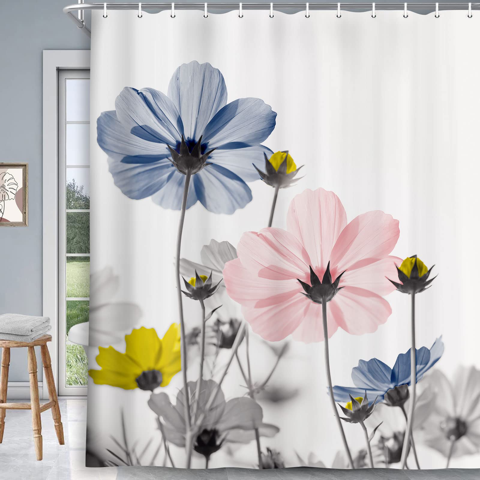MERCHR Floral Shower Curtain - Blue Pink Gray Daisy Wildflower Design, Farmhouse Bathroom Decor with Hooks, 71x78 Inches - Perfect for Vintage, Boho & Modern Bathrooms