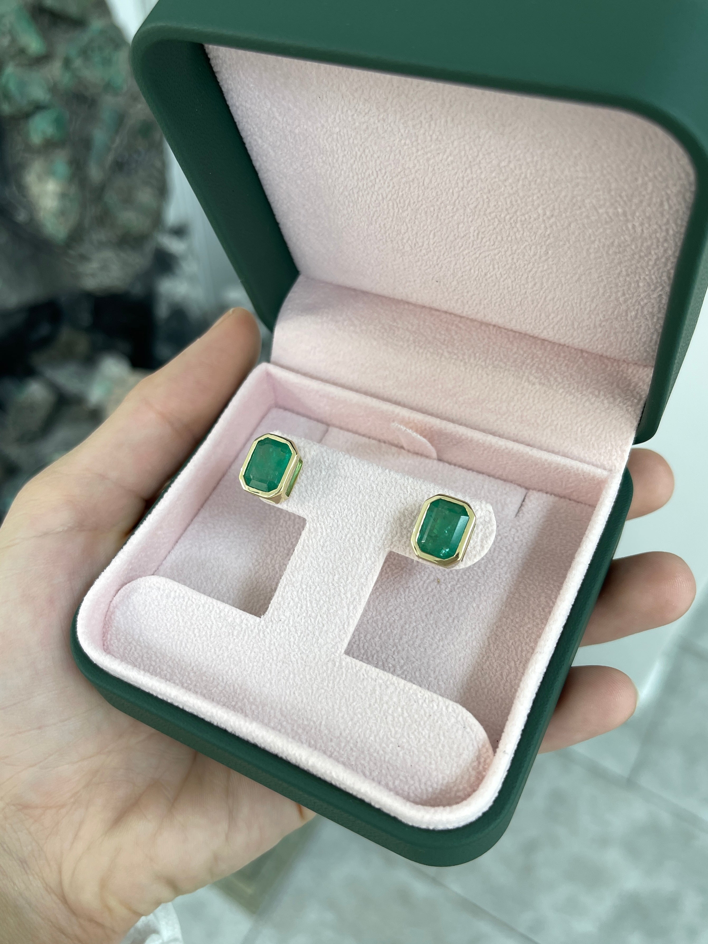 6.0tcw Natural Emerald Stud Earrings in 18K Gold Bezel Setting - Elegant Jewelry for Women, Perfect for Weddings, Parties & Daily Wear