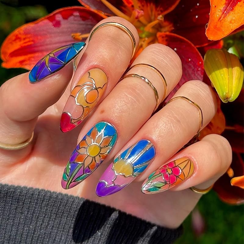 24Pcs Colorful Press on Medium Almond Fake Nails with Stained Glass Flower Designs - Gothic Acrylic False Nails Glossy Full Cover - DIY Artificial Stick on Nails for Women & Girls - Perfect for Parties, Weddings, Halloween & Daily Wear