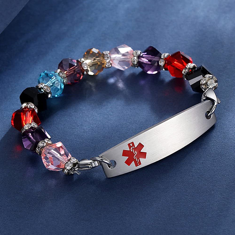 Mnmoom 7.5 Inch Interchangeable Medical ID Bracelets for Women - Custom Engraved Beaded Alert Bracelet for Diabetes, Allergies & Emergency Medical Info - Perfect for Everyday Wear & Travel Safety