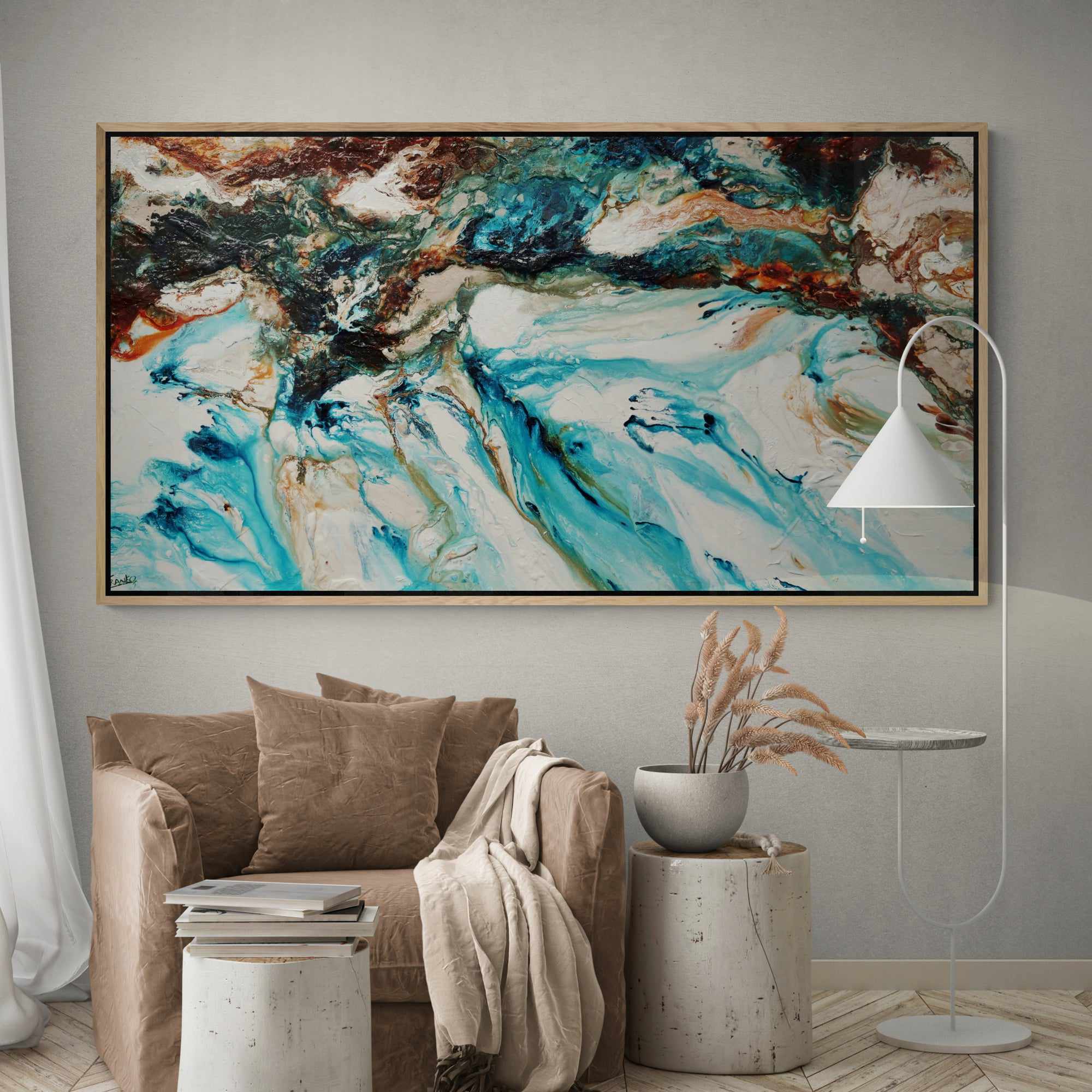 190cm x 100cm Teal White Textured Abstract Painting - Coastal Wave Inspired Wall Art for Living Room, Bedroom & Office Decor