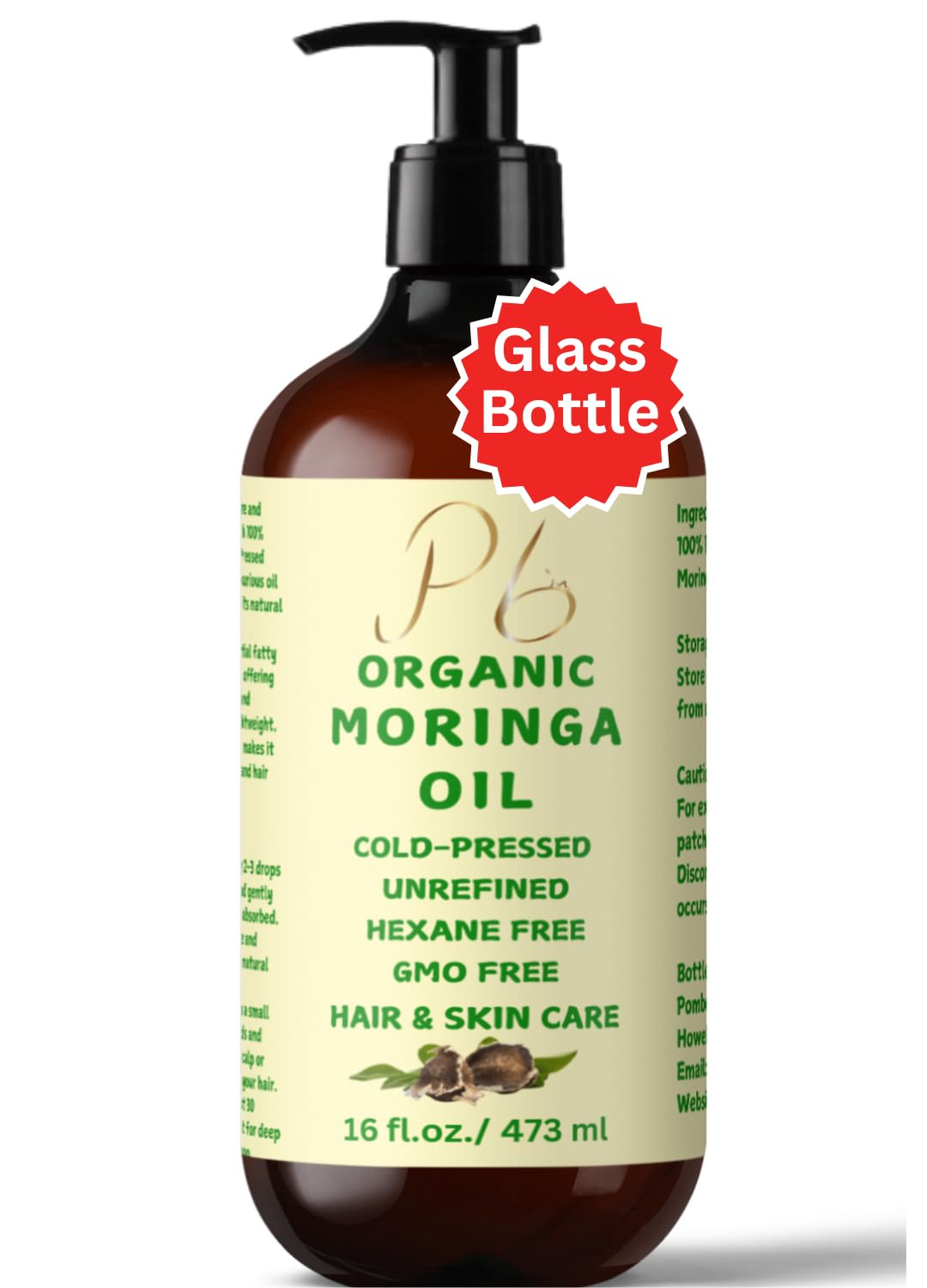 Organic Moringa Oil - 100% Pure Cold-Pressed Unrefined Moringa Oil for Hair & Skin Care | Hydrating Facial Oil & Body Moisturizer | 16 fl oz Glass Bottle with Pump | Perfect for Dry Skin, Hair Growth & Anti-Aging Routine