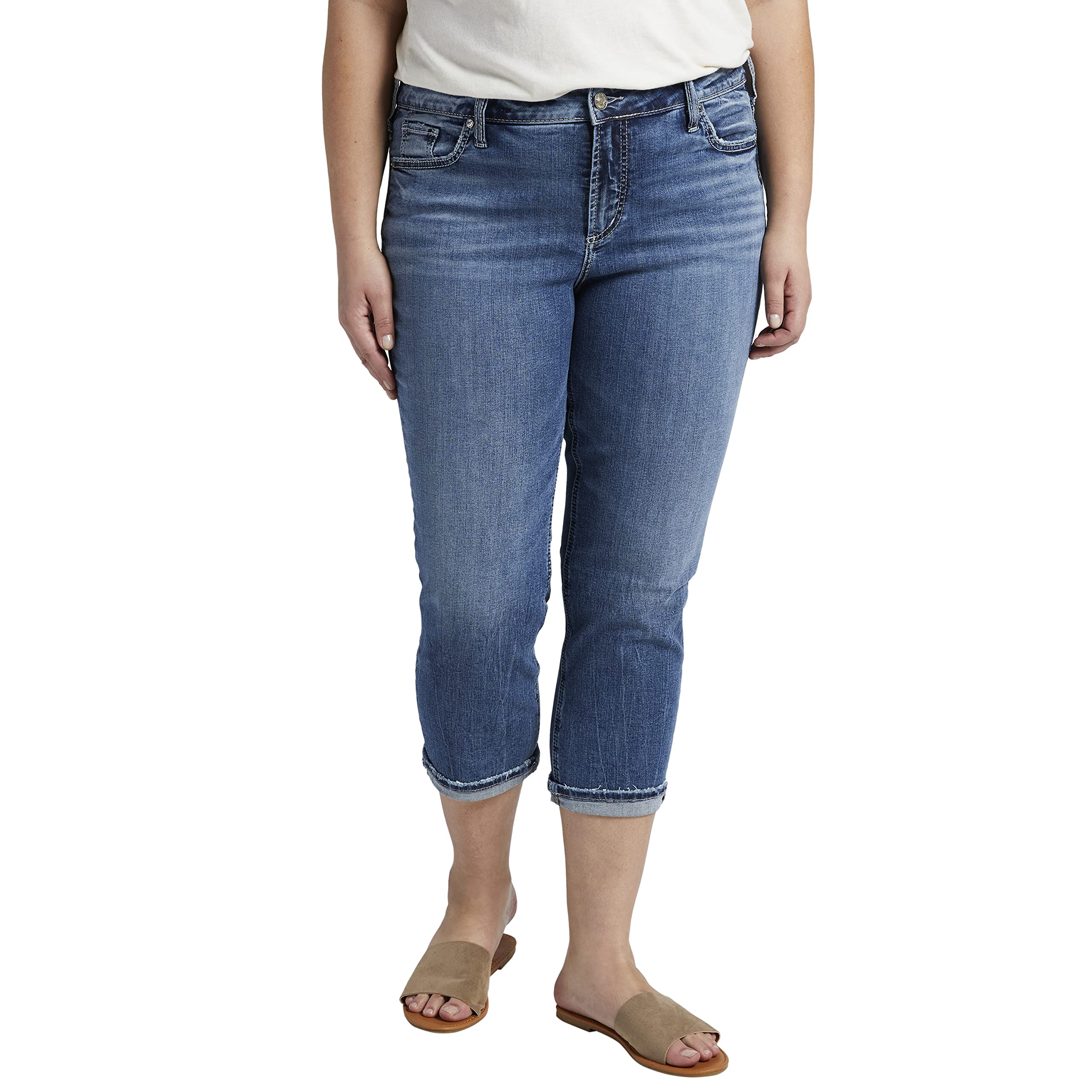 Silver Jeans Co. Women's Plus Size Elyse Mid Rise Capri Pants - Comfortable Stretch Denim for Casual Wear, Work & Travel