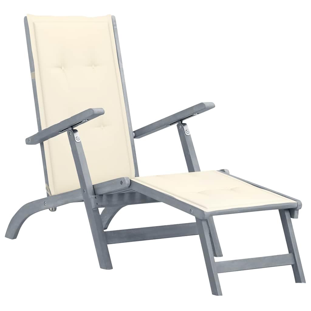 vidaXL Gray and Cream Patio Deck Chair with Cushion & Footrest – Solid Acacia Wood – Weatherproof Outdoor/Indoor Recliner Lounger Bench – Perfect for Poolside, Garden, Patio & Balcony Relaxation
