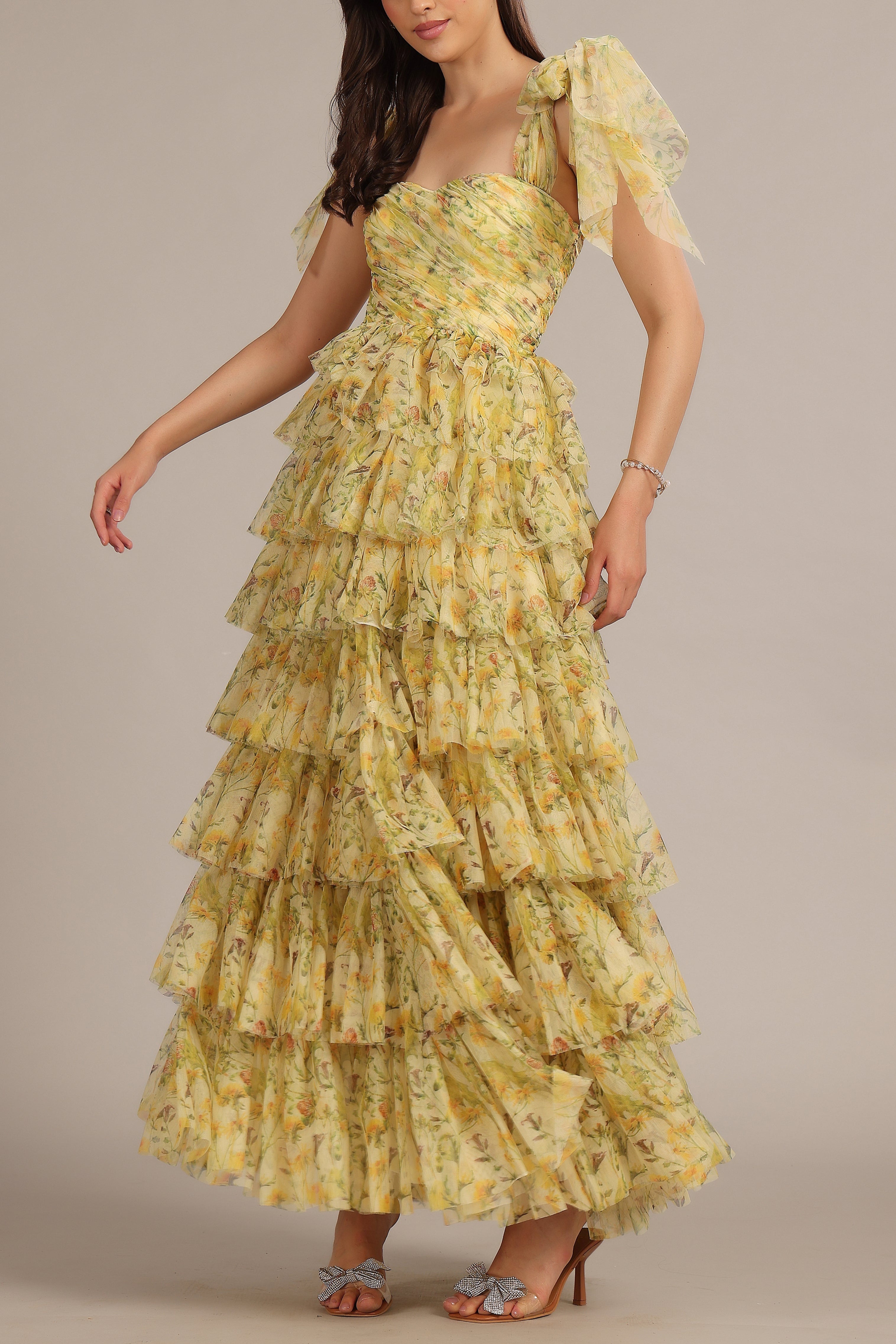 Ophelia Yellow Floral Maxi Dress with Tie Detail - Women's Summer Boho Dress for Beach, Vacation & Outdoor Events