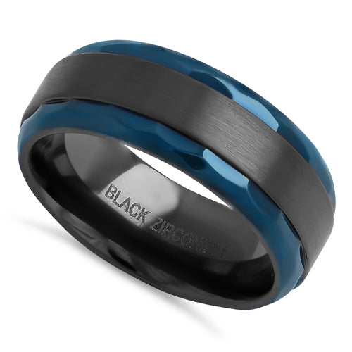 8mm Black Zirconium Brushed Band Ring with Blue Hammered Edges - Durable & Stylish Men's Wedding Band for Everyday Wear & Special Occasions