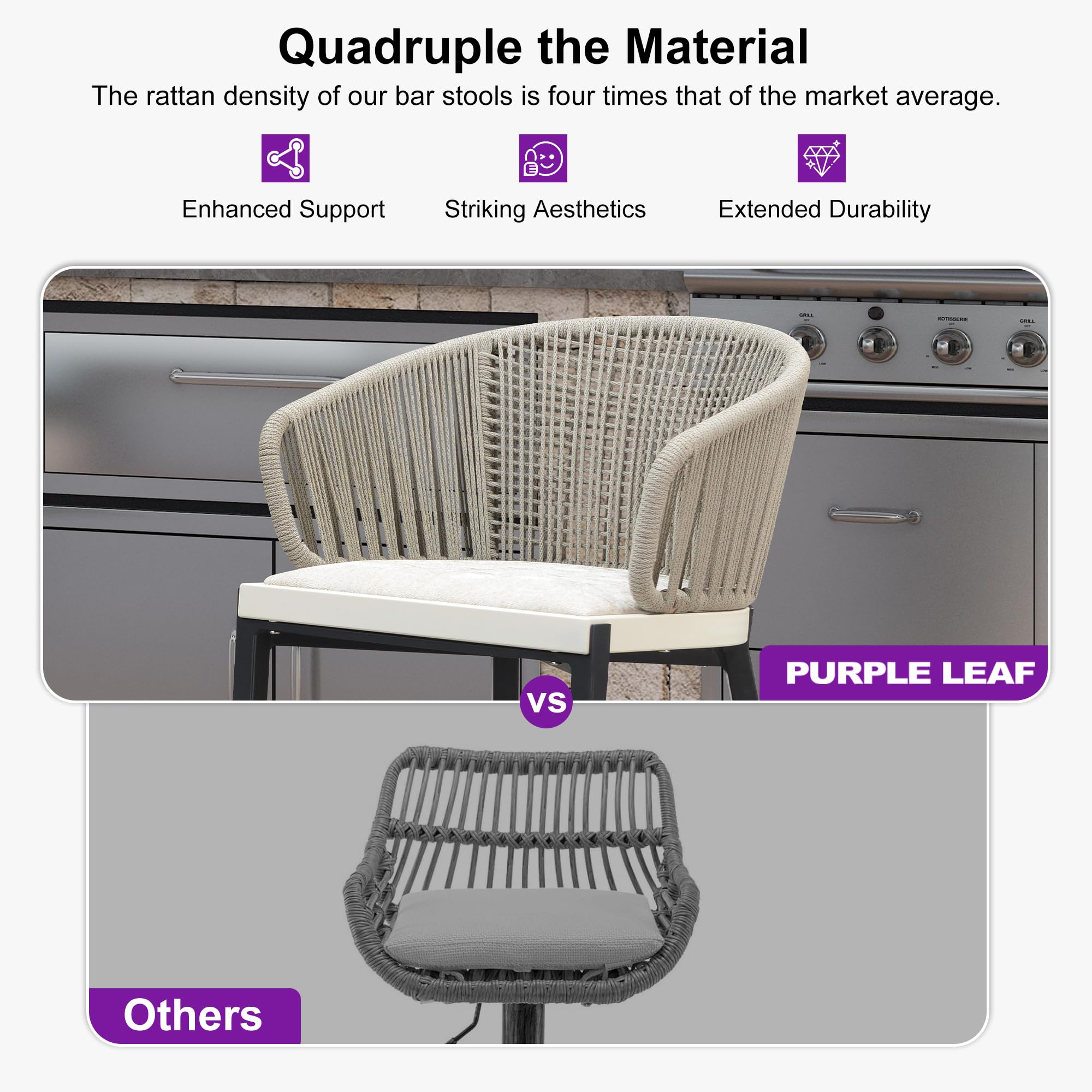 PURPLE LEAF Outdoor Rattan Bar Stools Set of 2 - Modern Patio Barstools with Wraparound Armrests, Metal Wicker Design for Kitchen Island, Garden & Indoor Use - Boho Style Aluminum Woven Bar Chairs (Gray) - Perfect for Backyard, Poolside & Dining Areas