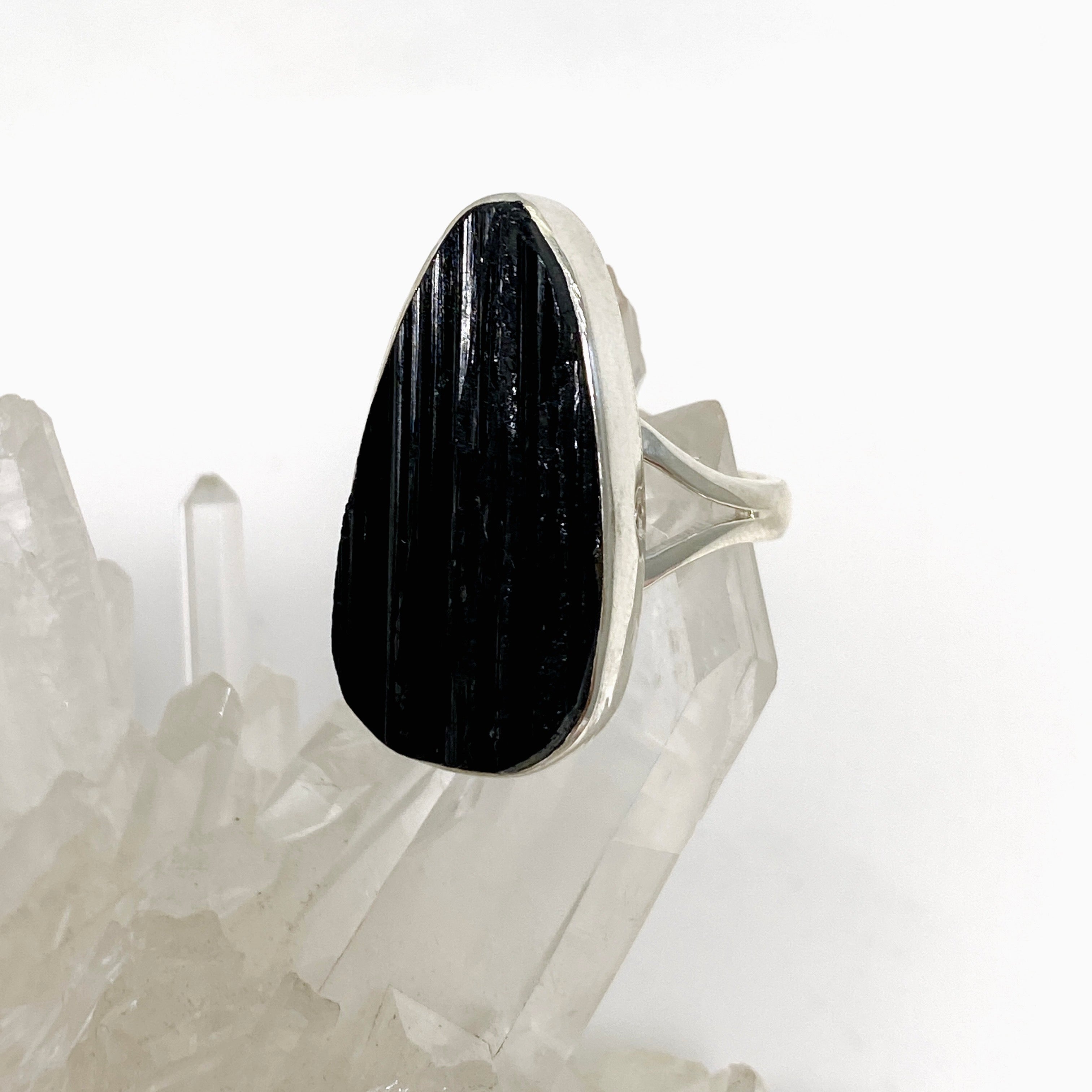 Black Tourmaline Teardrop Raw Split Band Ring - Size 9 - KRGJ3275 - Handmade Natural Stone Jewelry for Women - Perfect for Spiritual Healing, Energy Protection & Boho Fashion