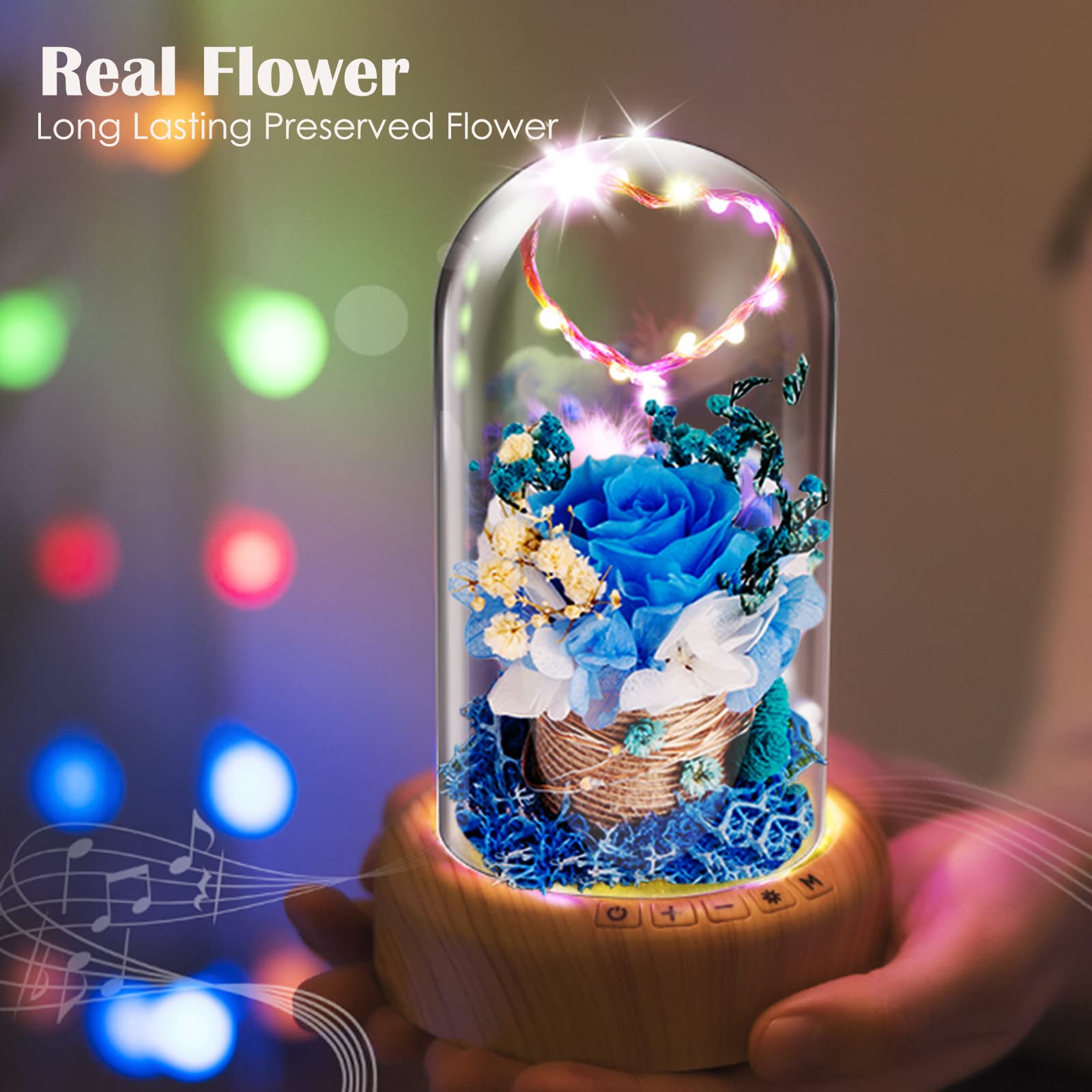 SWEETIME Blue Rose Lamp - Real Preserved Rose in Glass Dome with Bluetooth Speaker, Eternal Flower Night Light & Musical Box - Perfect Gift for Women on Mother's Day, Birthday, Valentine's Day - Romantic Home Decor for Bedroom, Living Room, Wedding Anniversary