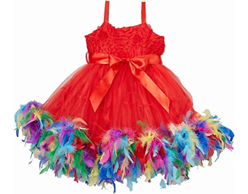 Wenchoice Red & Rainbow Feather Dress for Girls - Perfect for Birthday Parties, Pageants & Special Occasions