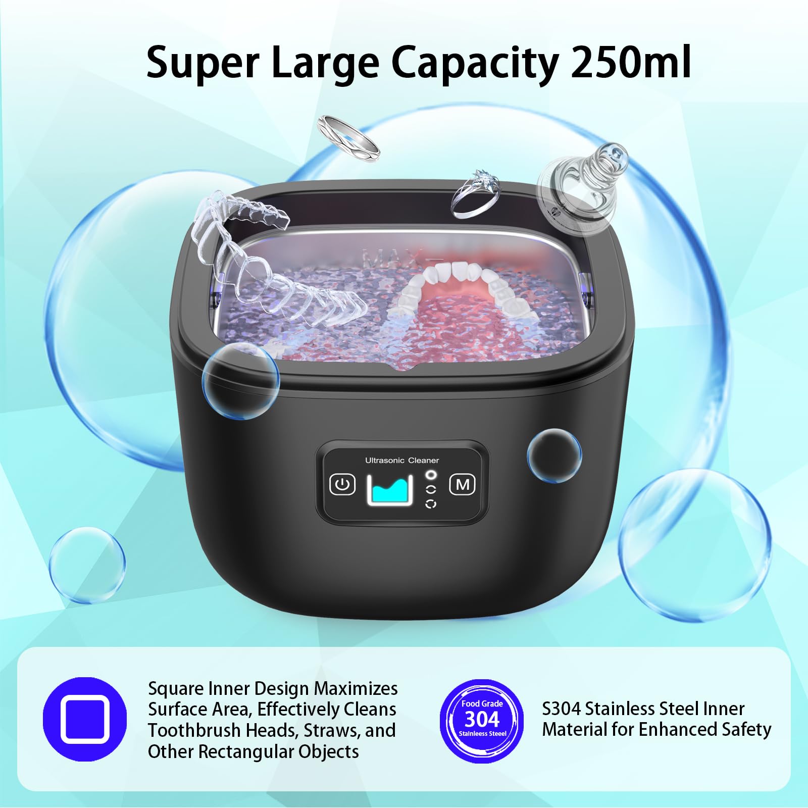 Professional 42-45KHZ Ultrasonic Jewelry & Retainer Cleaner Machine - 250ML Portable Dental Appliance Cleaner with Timer for Dentures, Braces, Aligners & Mouth Guards | Perfect for Travel & Home Use | Great Christmas Gift Idea (Black)