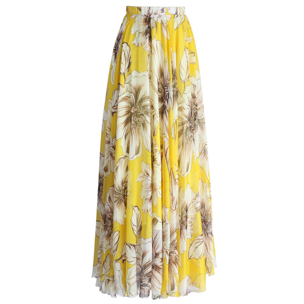 CHICWISH Women's Floral Print Chiffon Maxi Skirt - Elegant Watercolor Flower Design, High Waist A-Line Slip Dress for Spring Summer Beach Wedding Party & Vacation Outfits