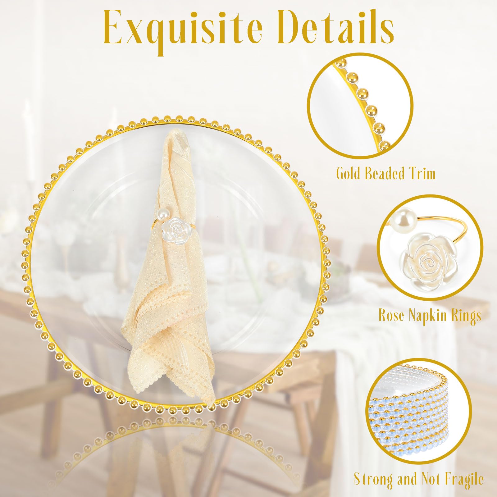 50-Pack Clear Beaded Charger Plates & Napkin Rings Set - 13 Inch Gold Plastic Round Plates for Wedding, Dinner Party & Event Table Decorations - Elegant Table Setting for Formal Occasions