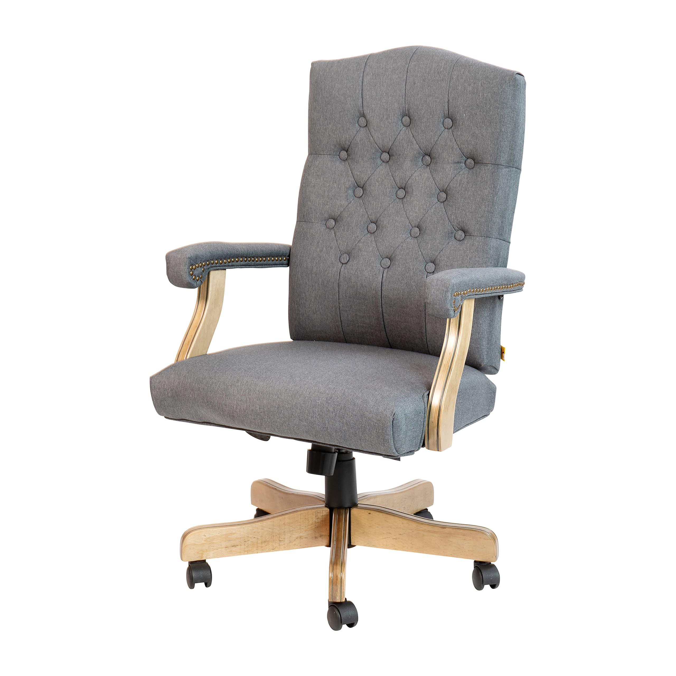 Ergonomic Gray Fabric Tufted Swivel Office Chair with Driftwood Base - Comfortable Traditional Desk Chair for Home Office, Study & Workspace - Adjustable Height & 360° Rotation for Productivity