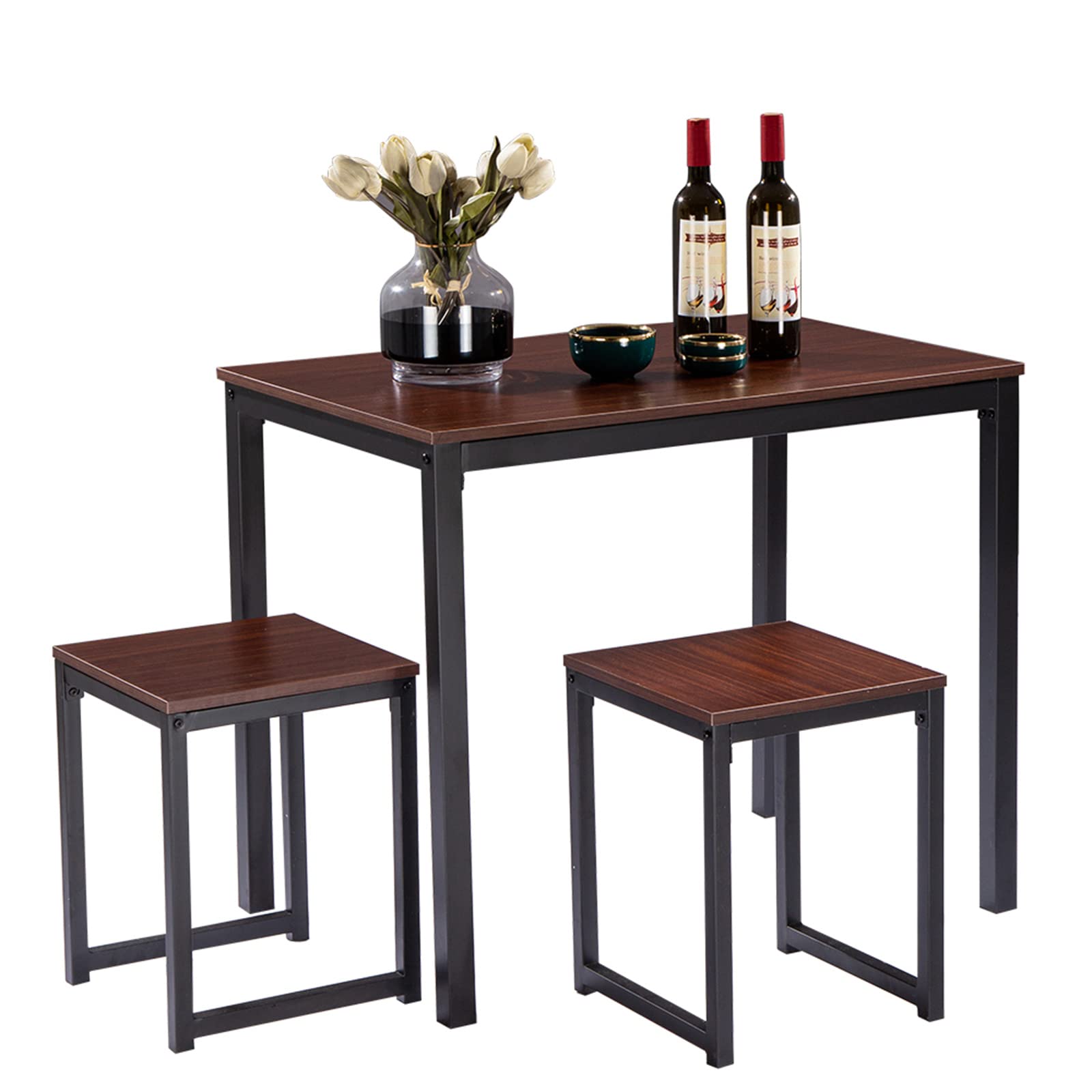 Modern 3-Piece Bar Table Set with Wood Grain Tabletop & Black Metal Frame - Kitchen, Cafe & Pub Height Dining Set (Walnut) | Perfect for Small Spaces, Breakfast Nooks & Coffee Shops