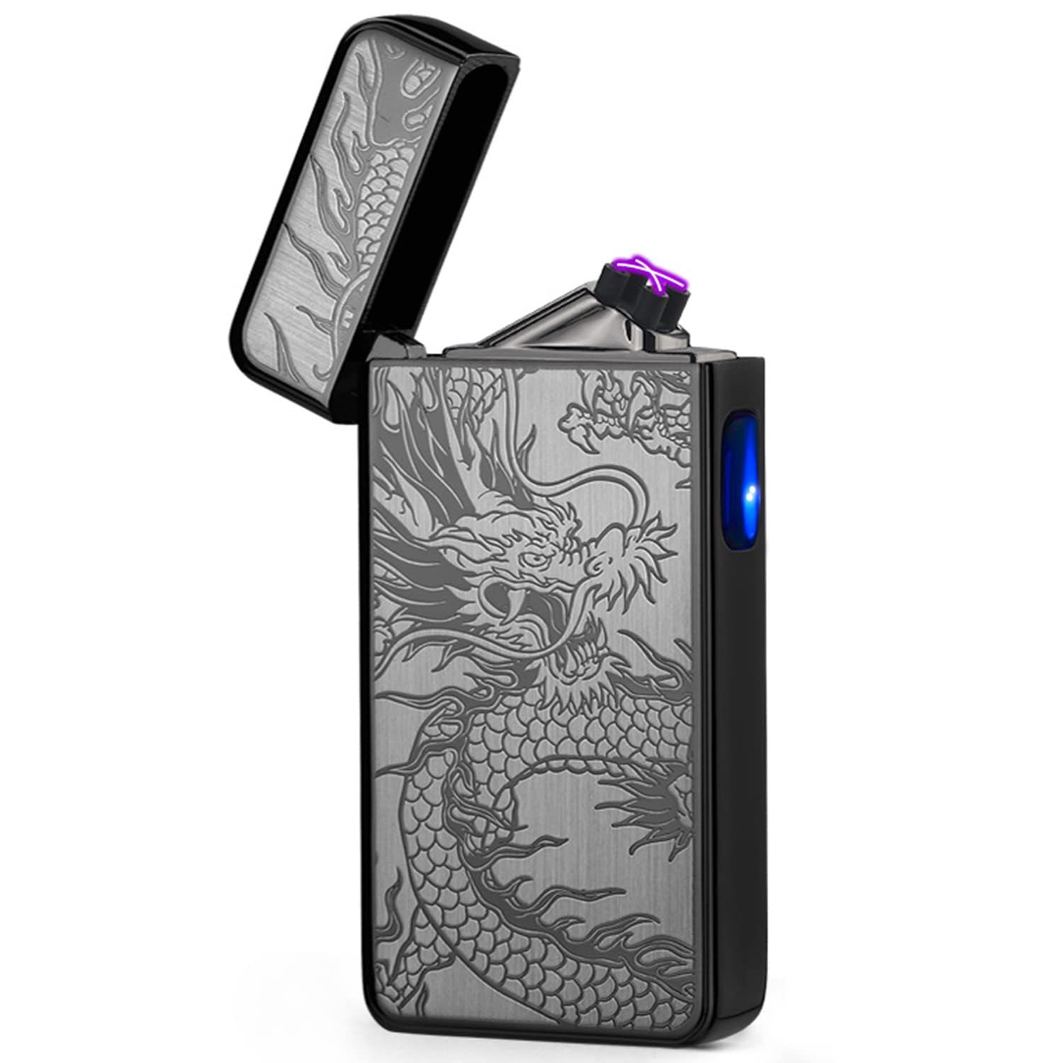 Dual Arc Plasma Lighter USB Rechargeable - Windproof Flameless for Candles & Outdoor (Black Dragon)