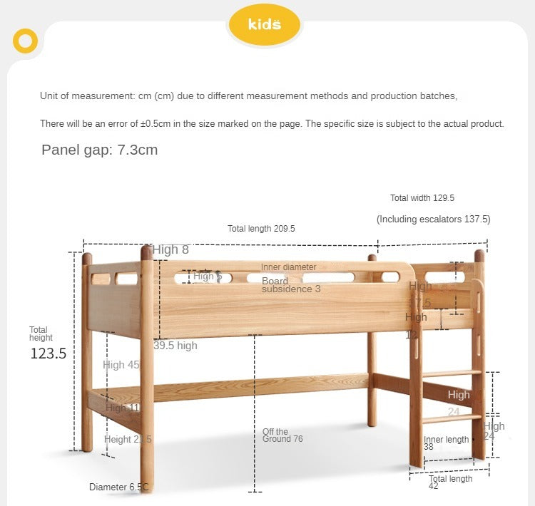 Solid Oak Wood Mid-High Bed with Slanted Ladder - Sturdy Adult Loft Bed for Small Spaces, Dorm Rooms & Modern Apartments