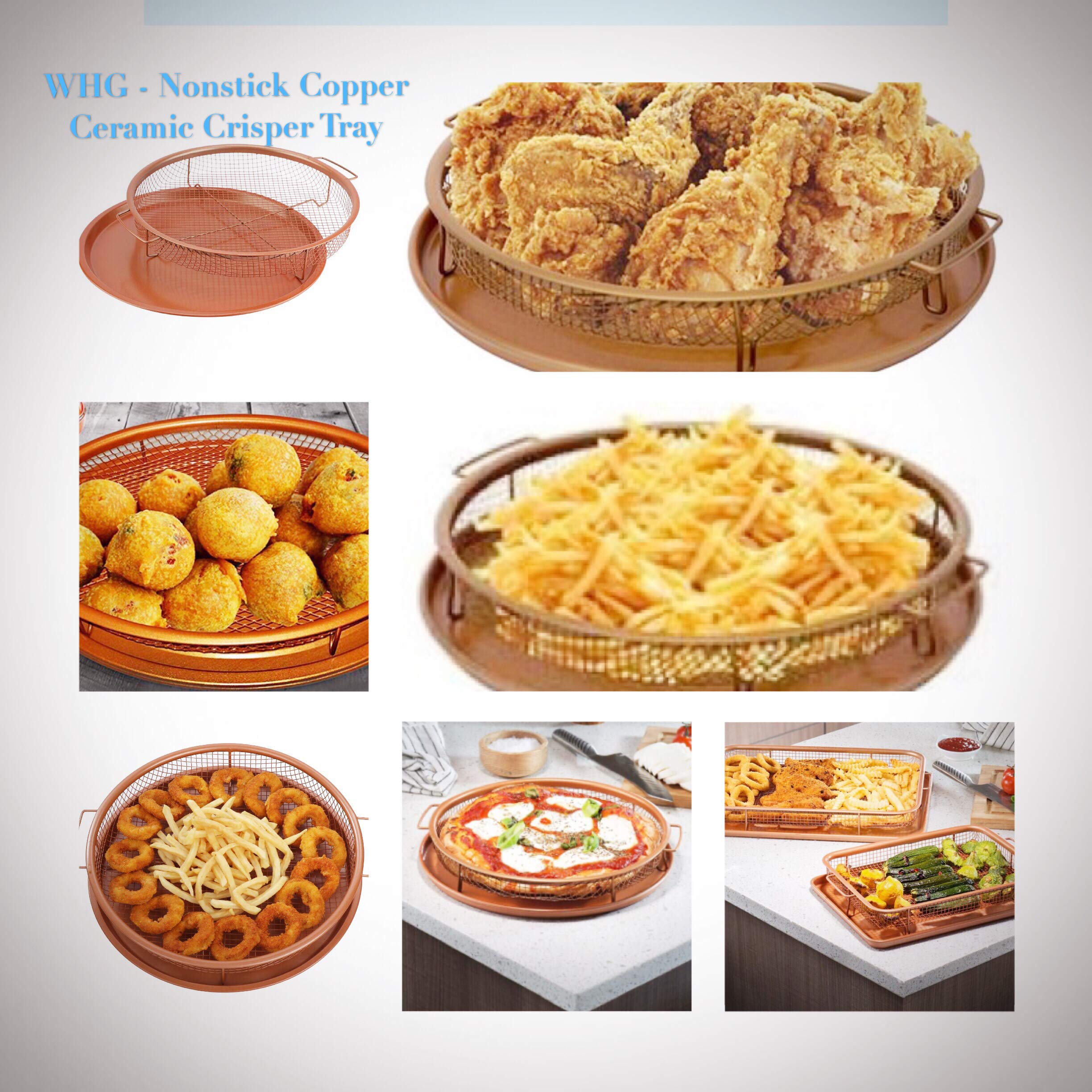 Premium Nonstick Copper Air Fryer Pan & Mesh Basket Set - 2-Piece Oven Safe Cookware for Healthy French Fries, Frozen Foods & Oil-Free Baking | Perfect for Family Dinners, Meal Prep & Quick Snacks by WHG (Round, 2-Pack)