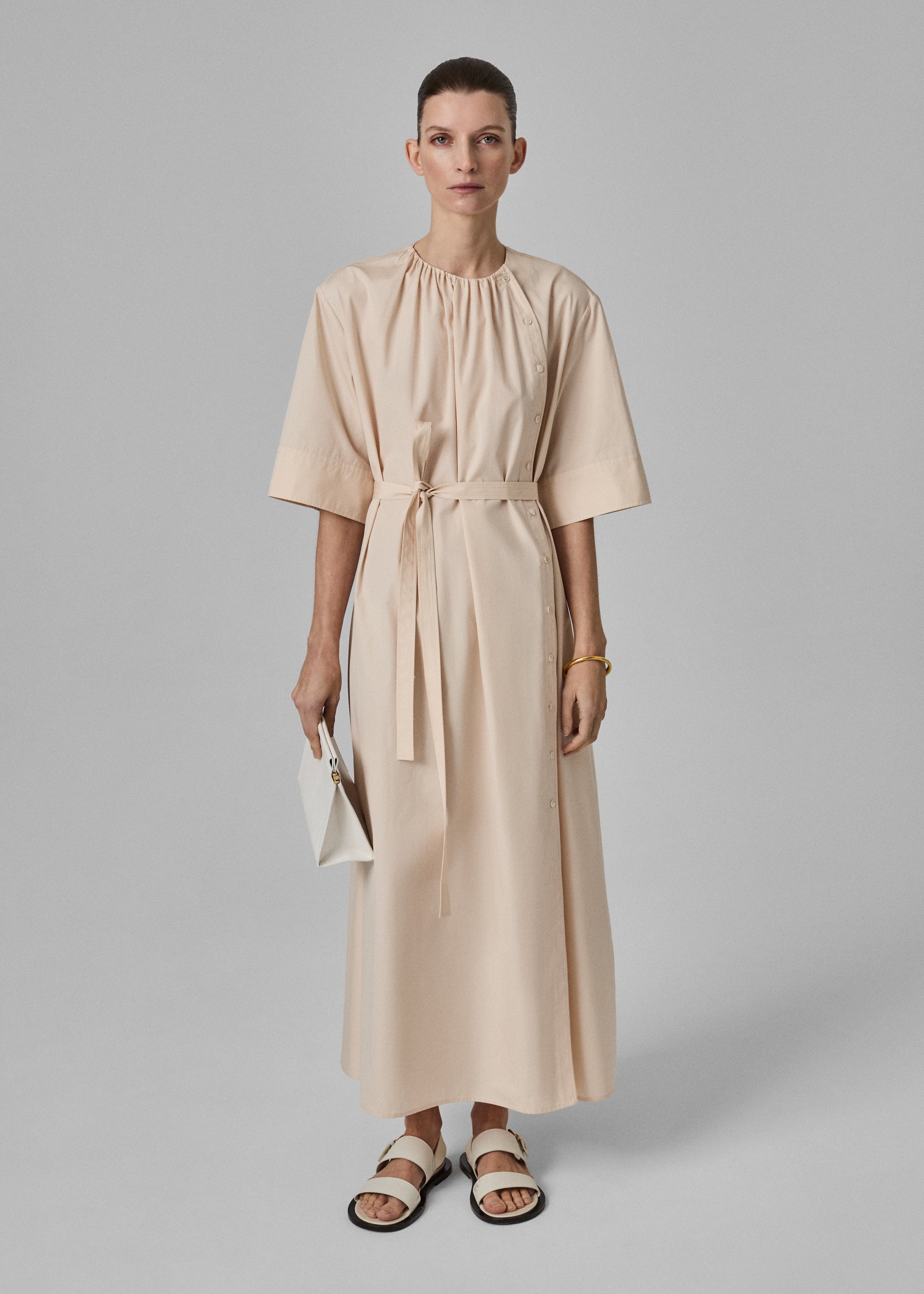 Elegant Pink Cotton Poplin Gathered Belted Dress for Women - Perfect for Summer Outfits, Casual Wear & Special Occasions