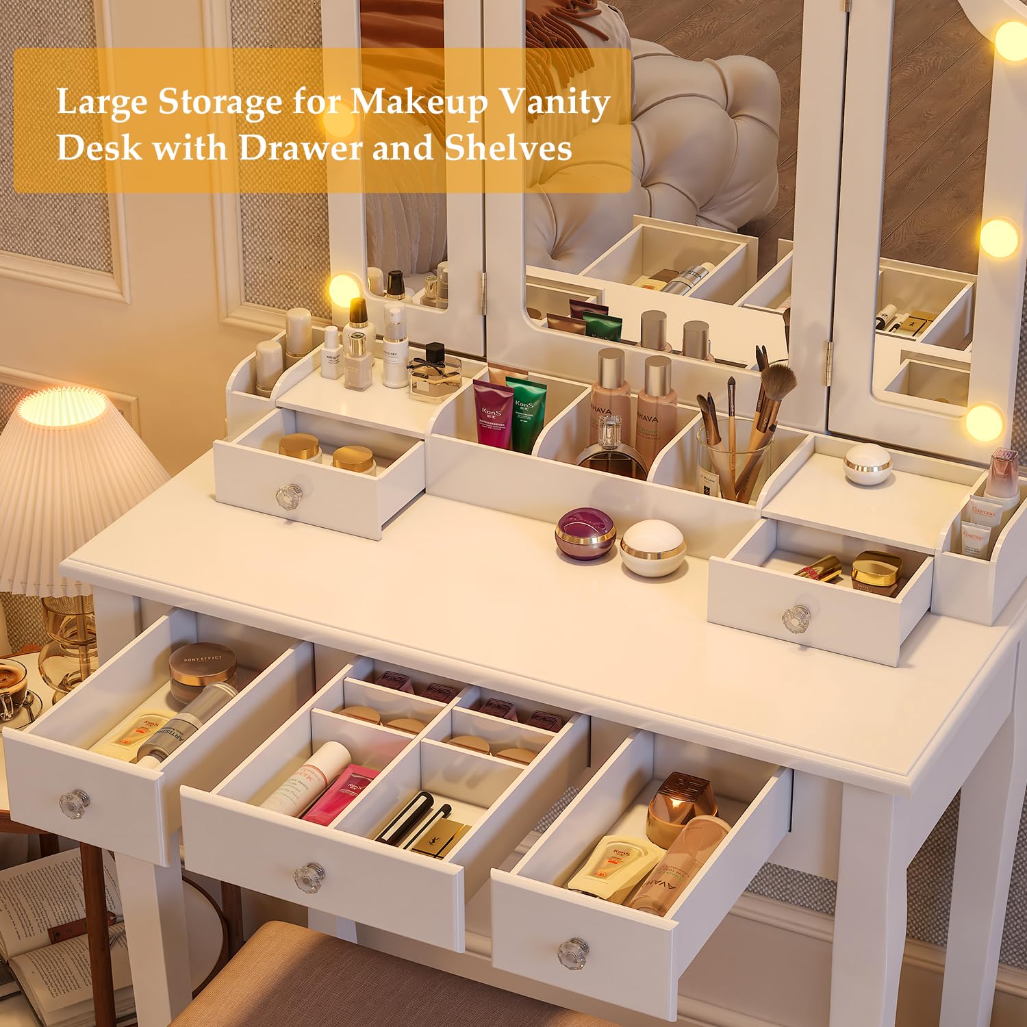 Lighted Makeup Vanity Desk with Mirror, Drawers & Stool - Hollywood Style Dressing Table with LED Lights for Bedroom, Beauty Salon & Home Decor