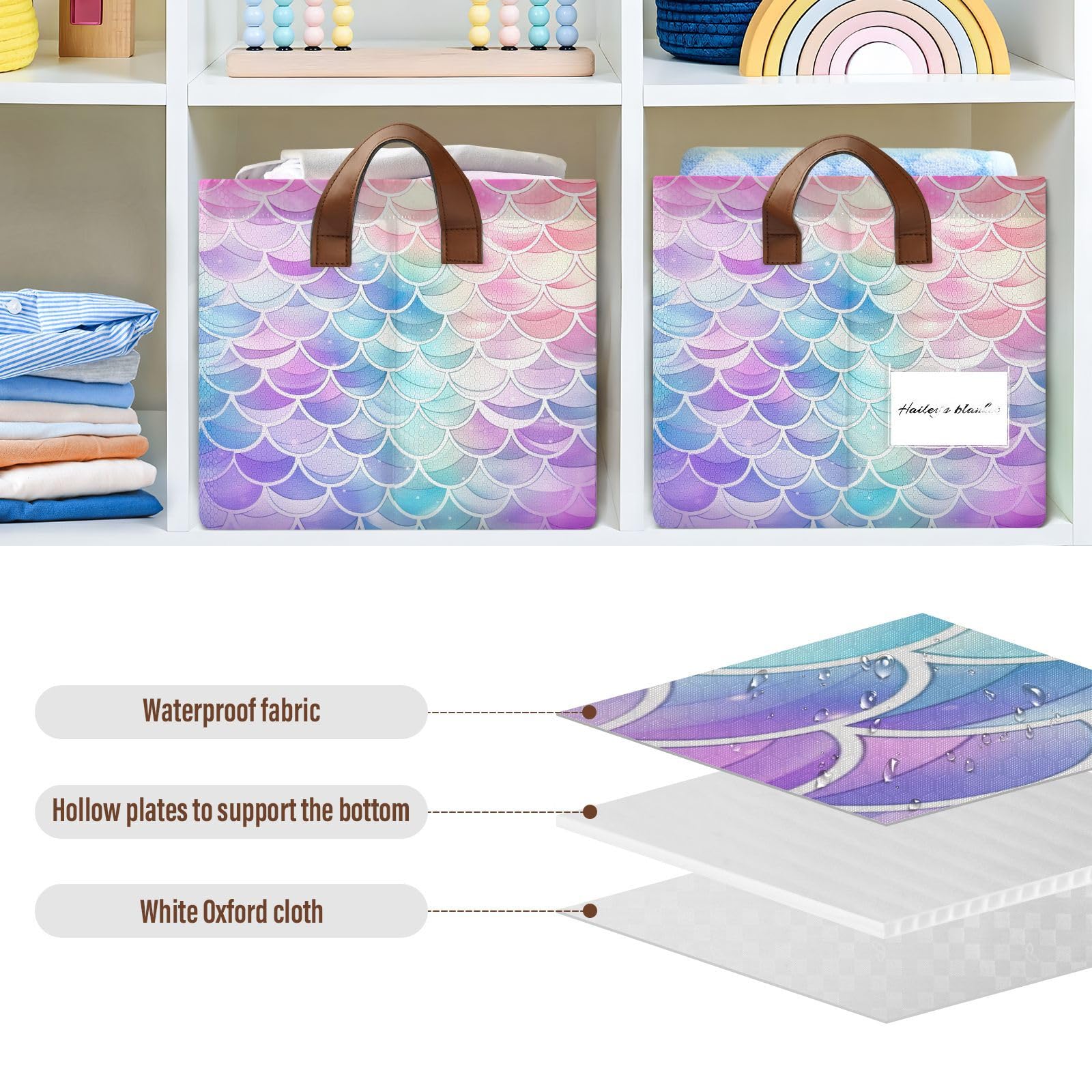 Rainbow Mermaid Foldable Storage Baskets for Shelves - 2 Pack Collapsible Sturdy Storage Bins with Handles, Closet Organizer Cubes for Bedroom, Bathroom & Kids Room Organization