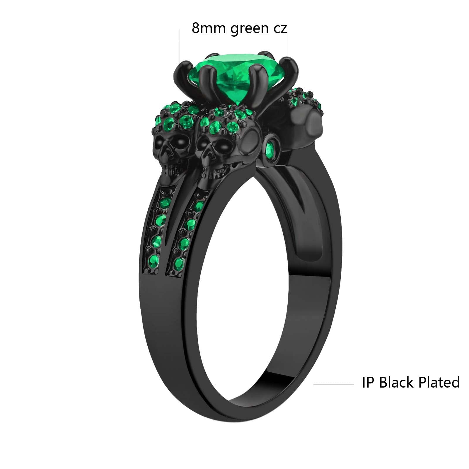 Matching Couple Skull Rings with Green CZ Stones - Gothic Wedding Band Set for Him and Her - Perfect for Anniversaries, Engagements, and Alternative Weddings