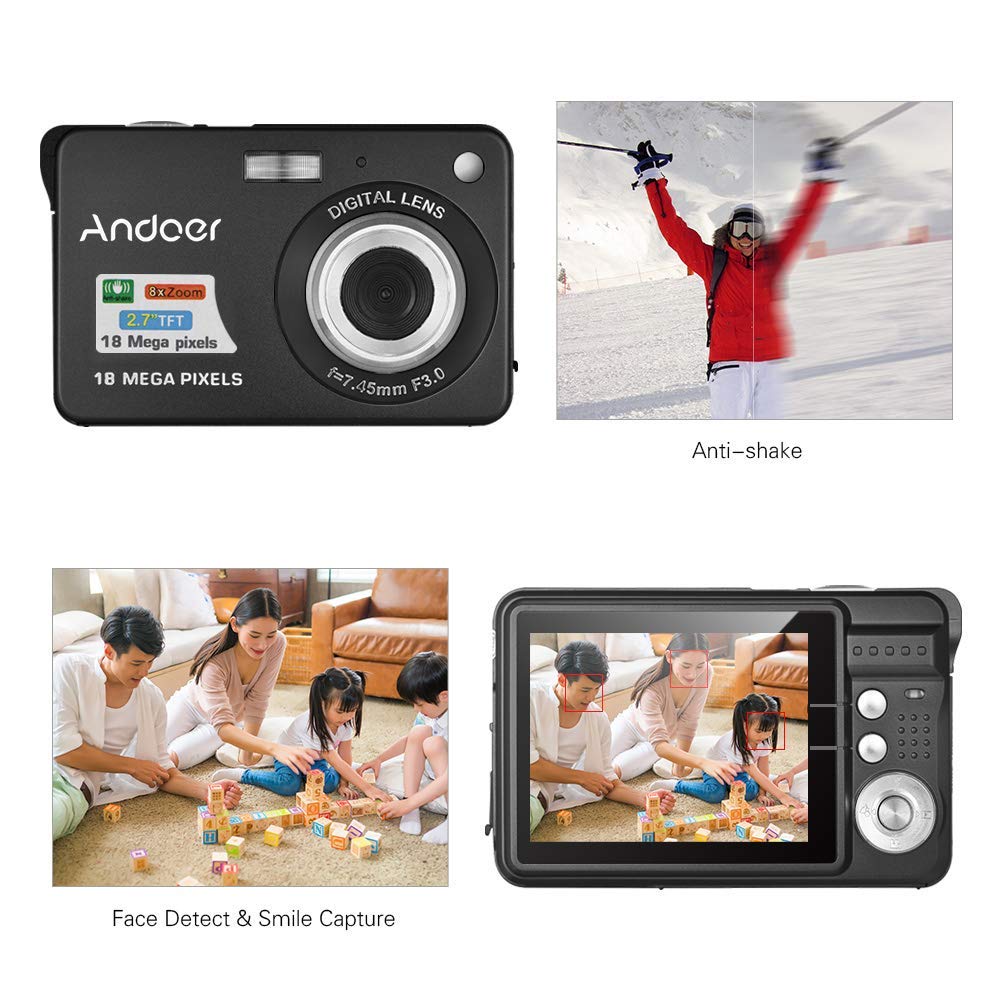 Andoer 18MP 720P HD Digital Camera for Kids with 2 Rechargeable Batteries, 8X Zoom, 2.7