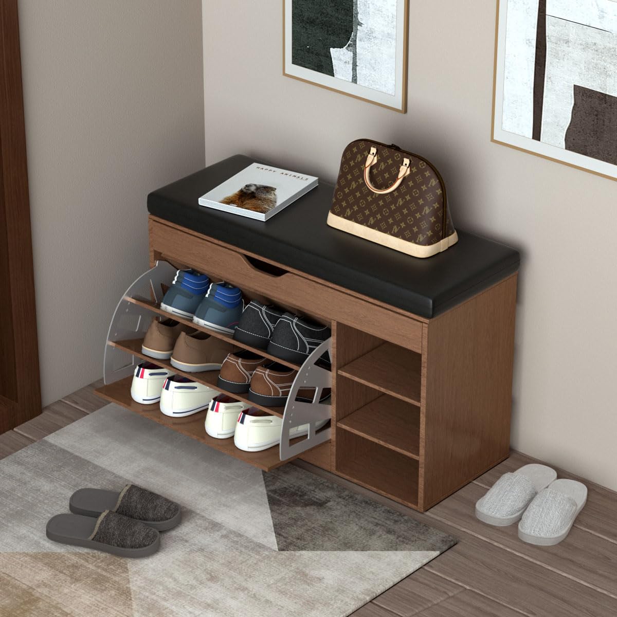 3-Tier Shoe Storage Cabinet with Sitting Stool - Entryway Shoe Rack & Bench for Home, Apartment | Perfect for Organizing Shoes in Hallway, Mudroom or Small Spaces