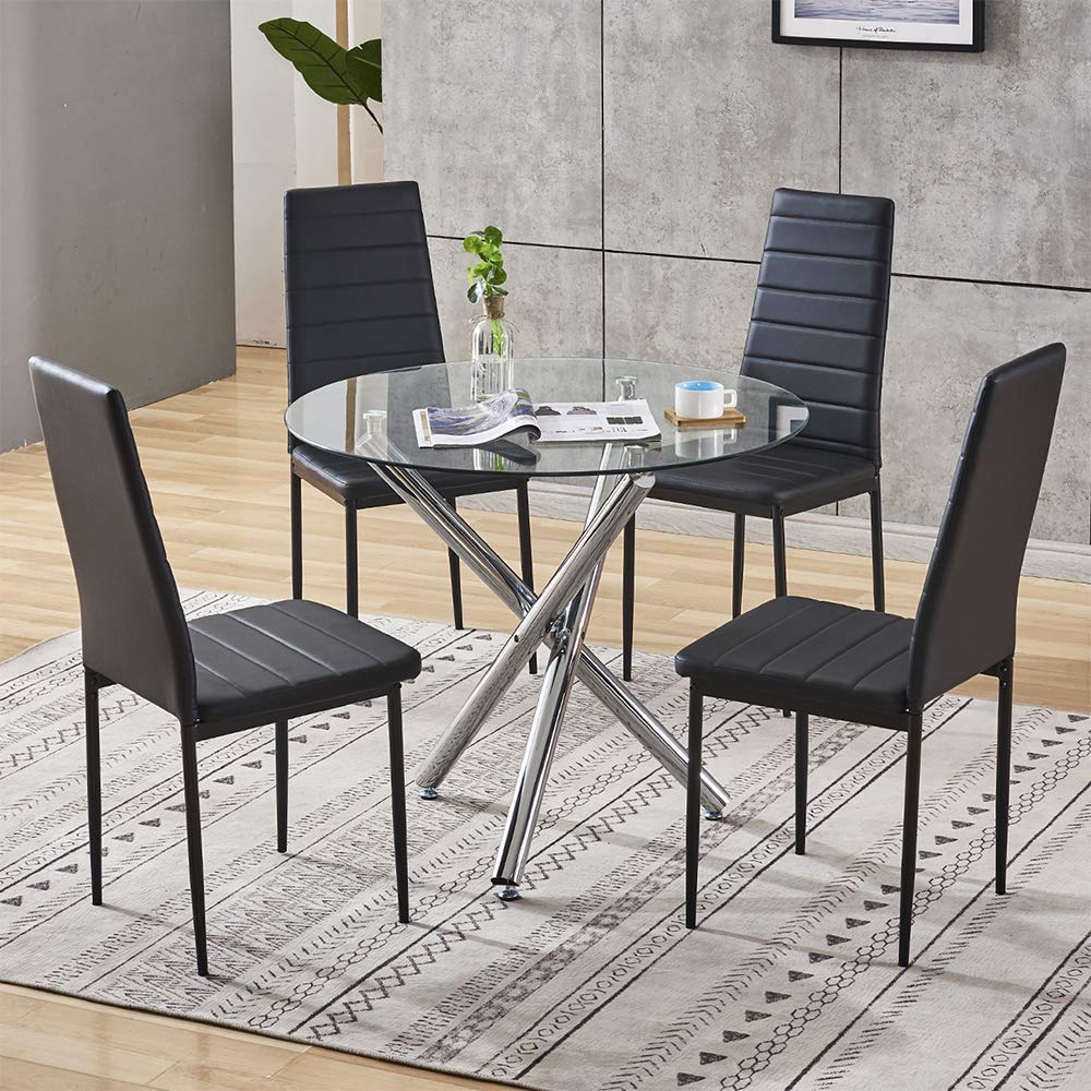 5-Piece Round Glass Dining Table Set with Black Faux Leather Chairs for 4 - Space-Saving Kitchen & Small Apartment Furniture (1 Table + 4 Chairs) | Perfect for Breakfast Nook, Compact Dining Areas & Cozy Meals