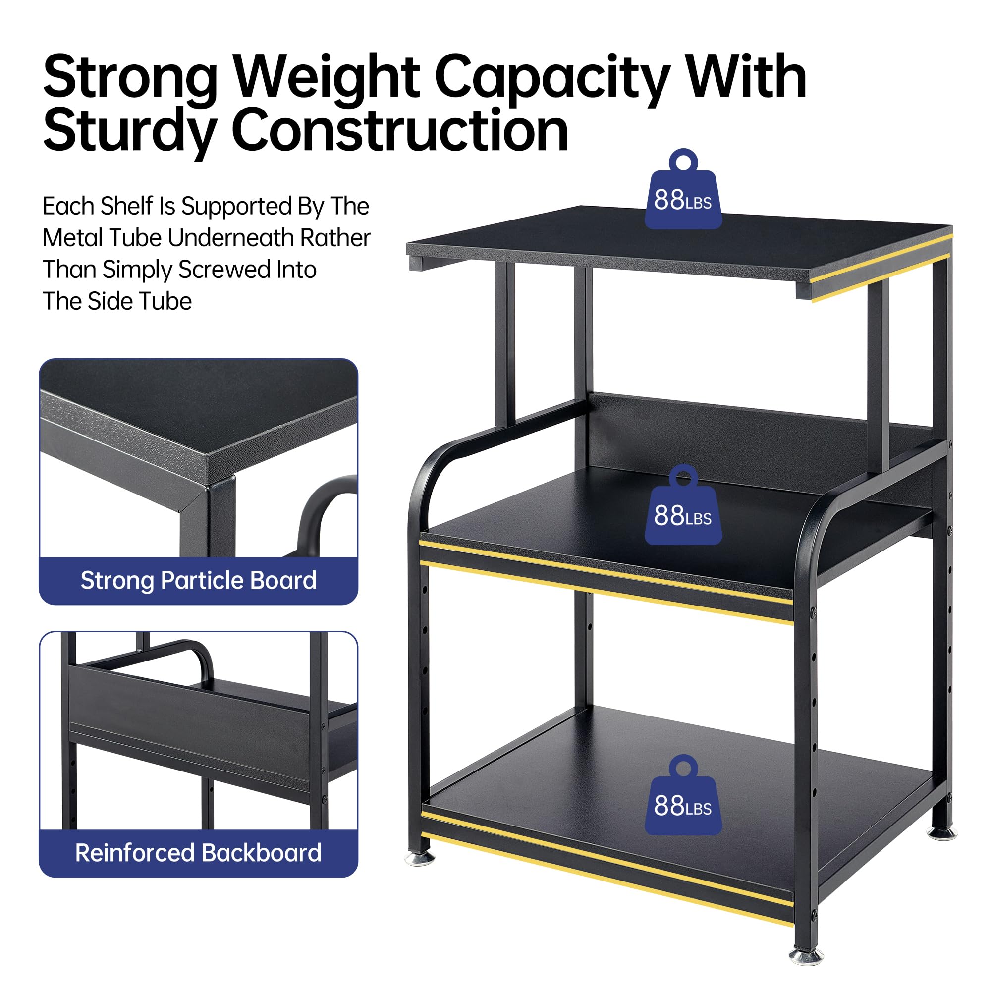 3-Tier Adjustable Height Printer Stand with Rolling Wheels - Black Office Printer Cart for Home & Workspace Organization - Perfect for Small Spaces & Multi-Device Setups